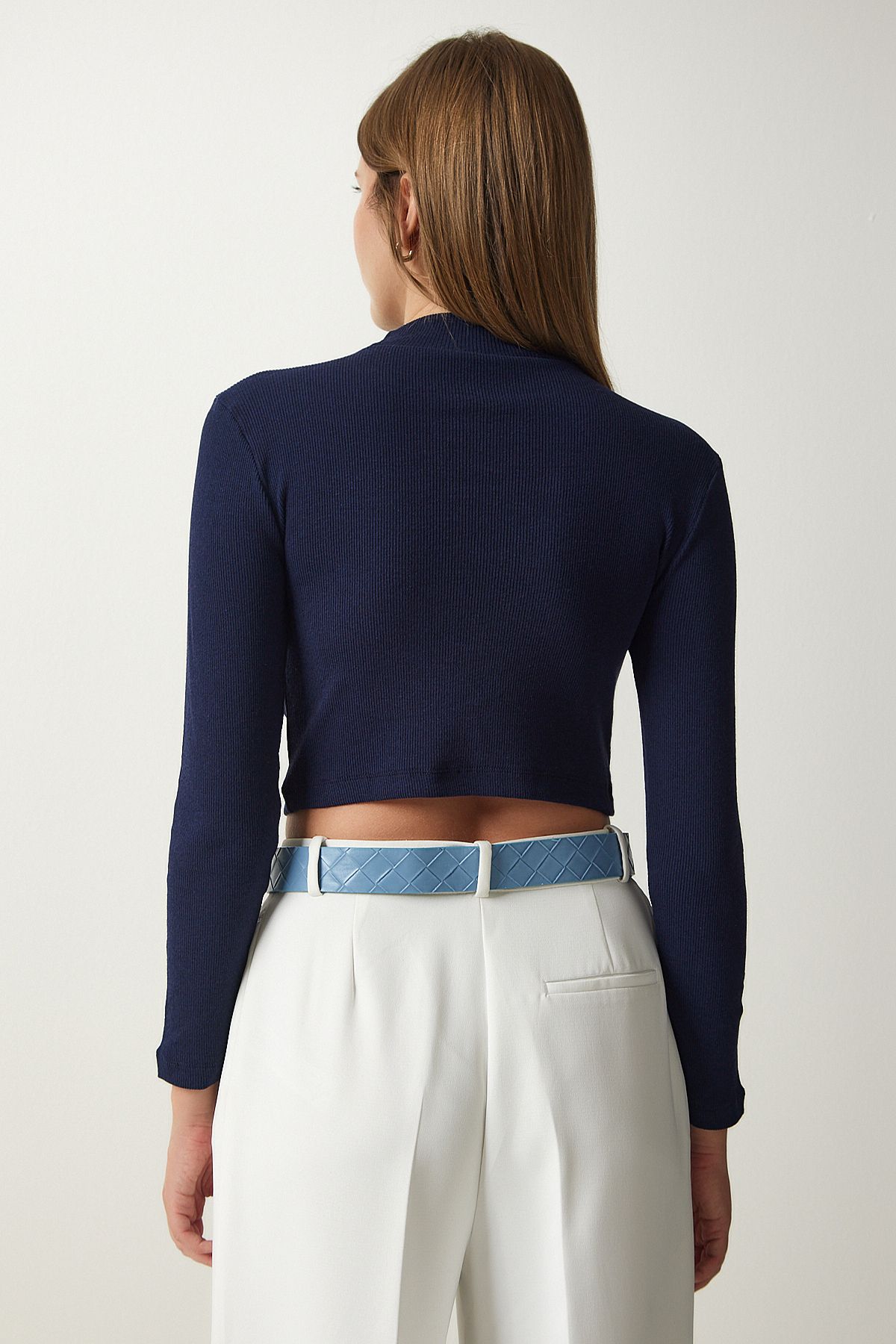 Female Navy Blue Fishing Fisherman Crop Knitting Blouse GT00059