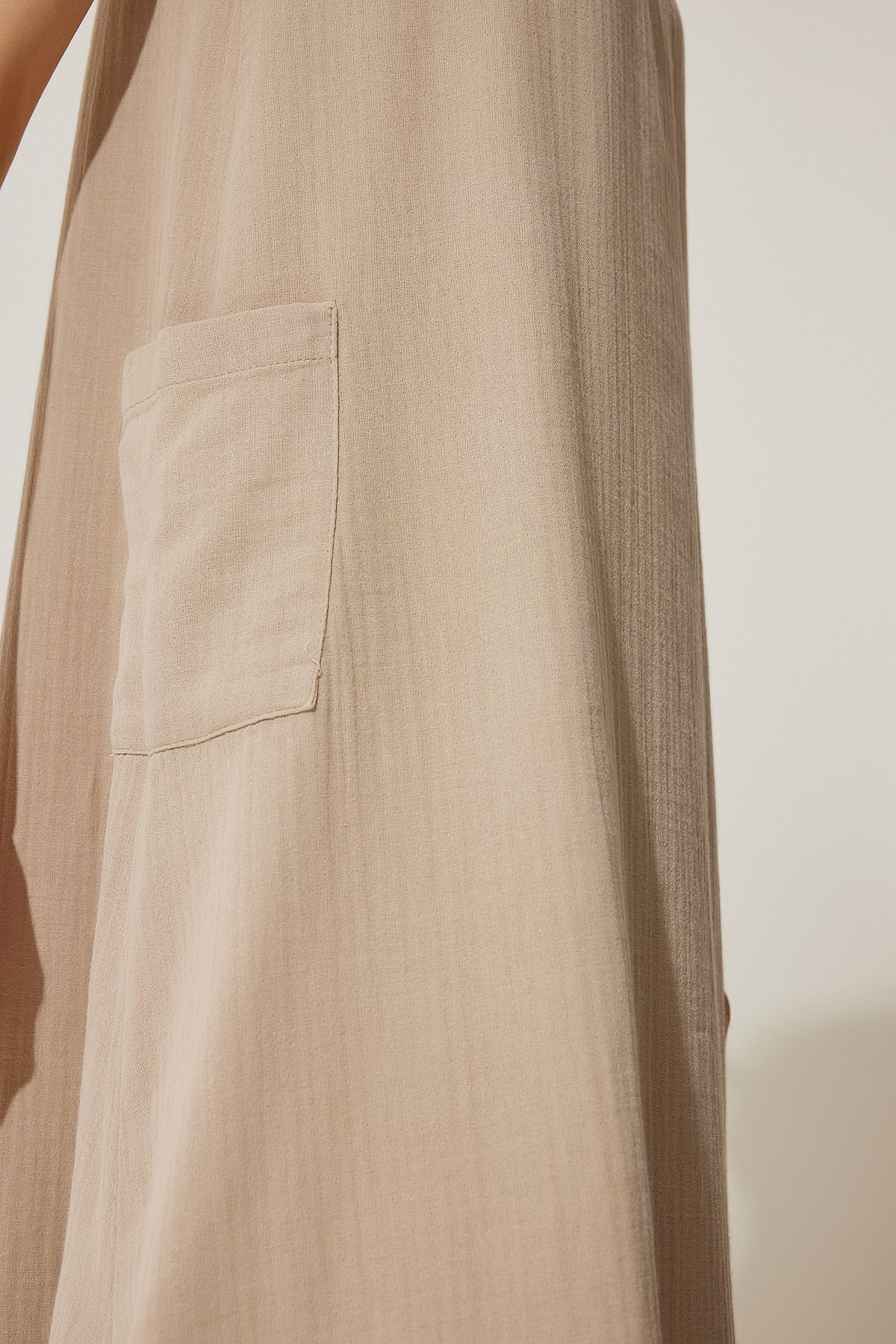 Female Beige Wide Pocket Summer House Muslin Dress Sa00022