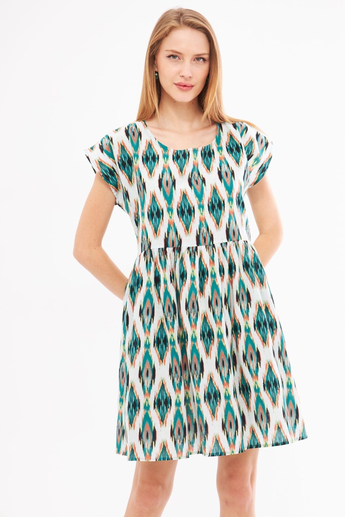 Female Green Ethnic Patterned Waist Shirred Mini Dress ARM-24Y001082