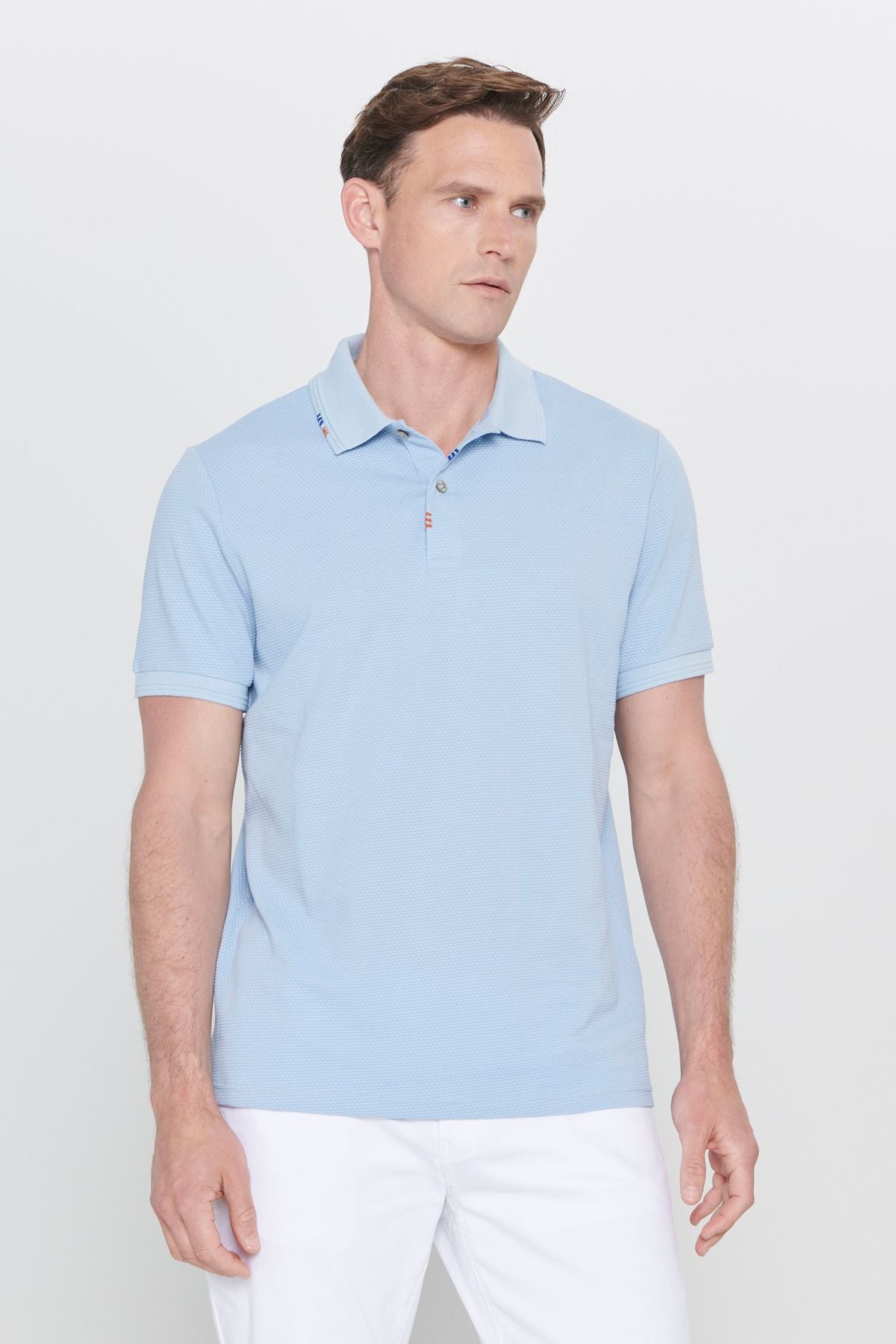 Men's light blue slim fit narrow cut polo collar printed cotton T -shirt