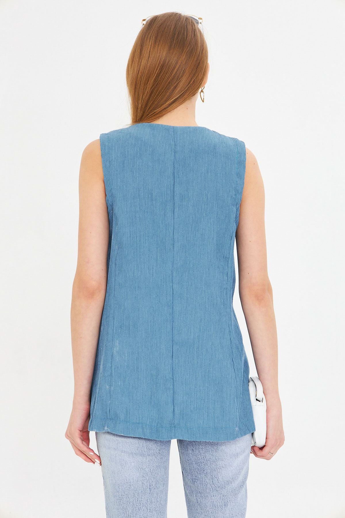 Woman Blue V-Neck Single Button Oversizle Thick Wick Velvet Vest Arm-25k001016