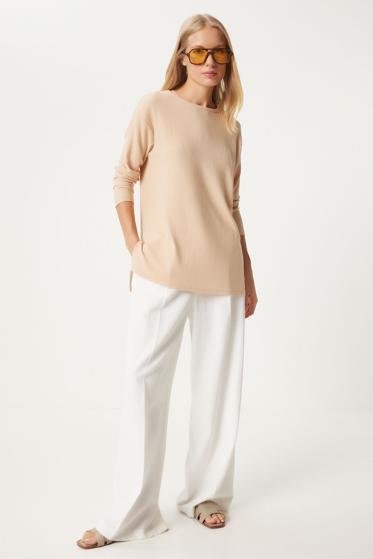 Women's Cream Patterned Long Sleeve Knitting Blouse ZH00038