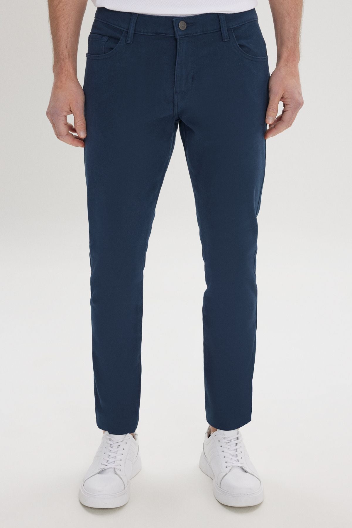 Men's navy blue slim fit narrow cut 5 pocket cotton canvas flexible chino pants