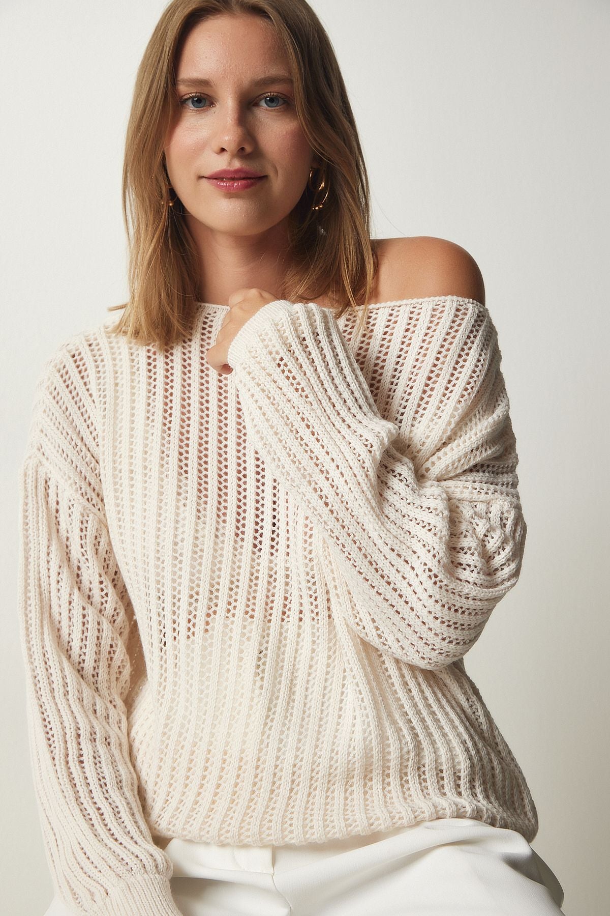 Women's Cream Kayak Yaka Occupational Knitwear Sweater YU00008