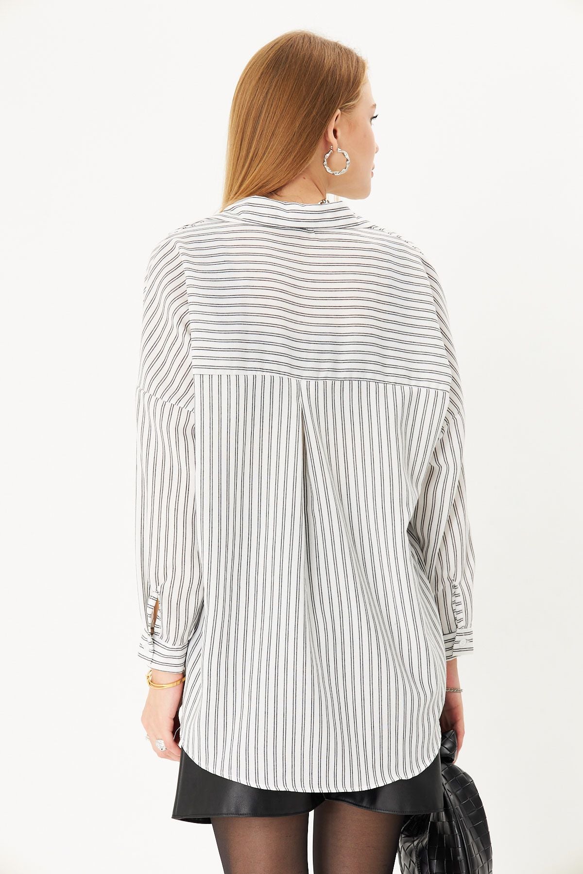 Woman White-Black Fine Striped Oversize Long Basic Shirt ARM-221185