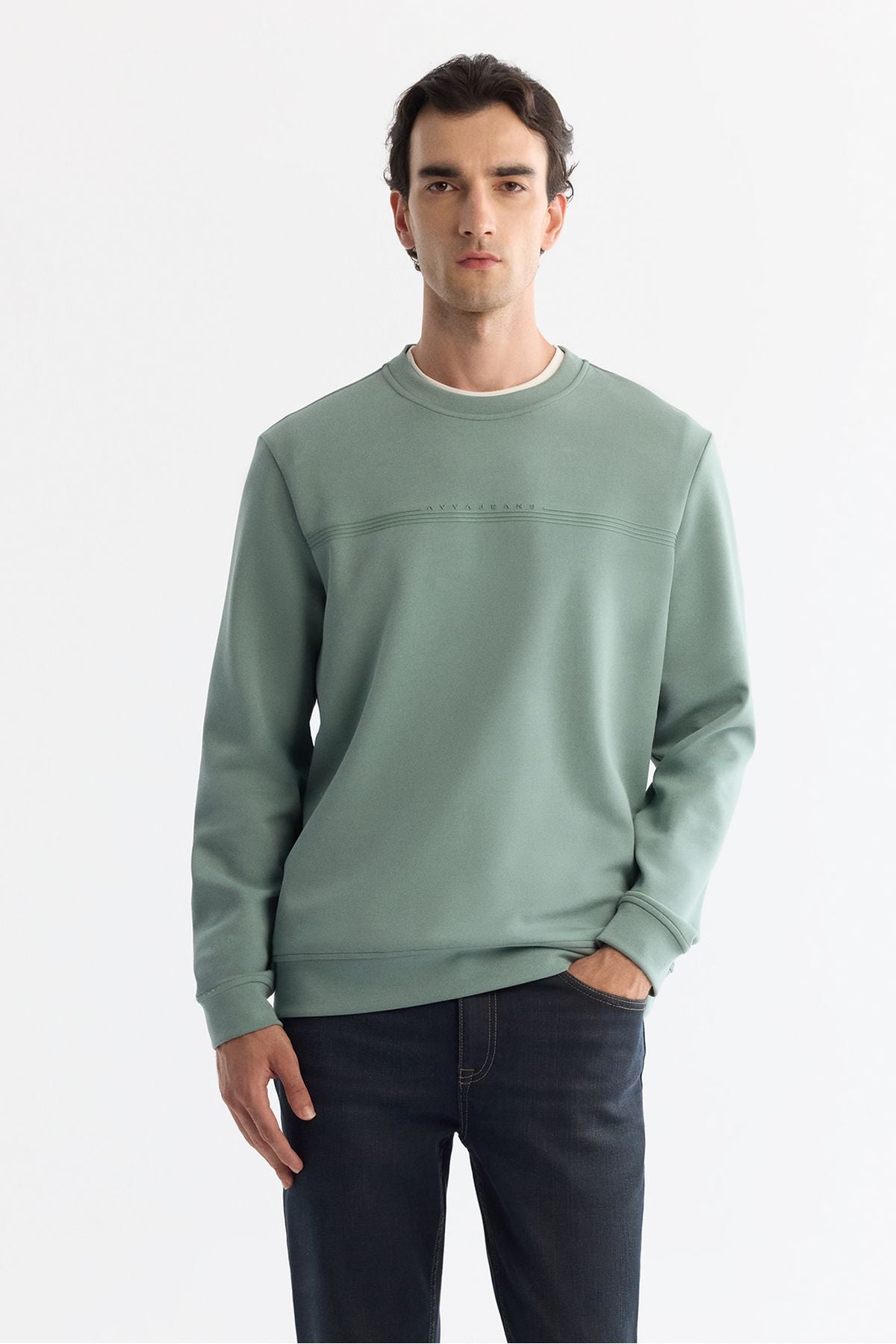 Men's Mint Green Bike Neck Cotton Printed Elastan Sweatshirt A42y1267