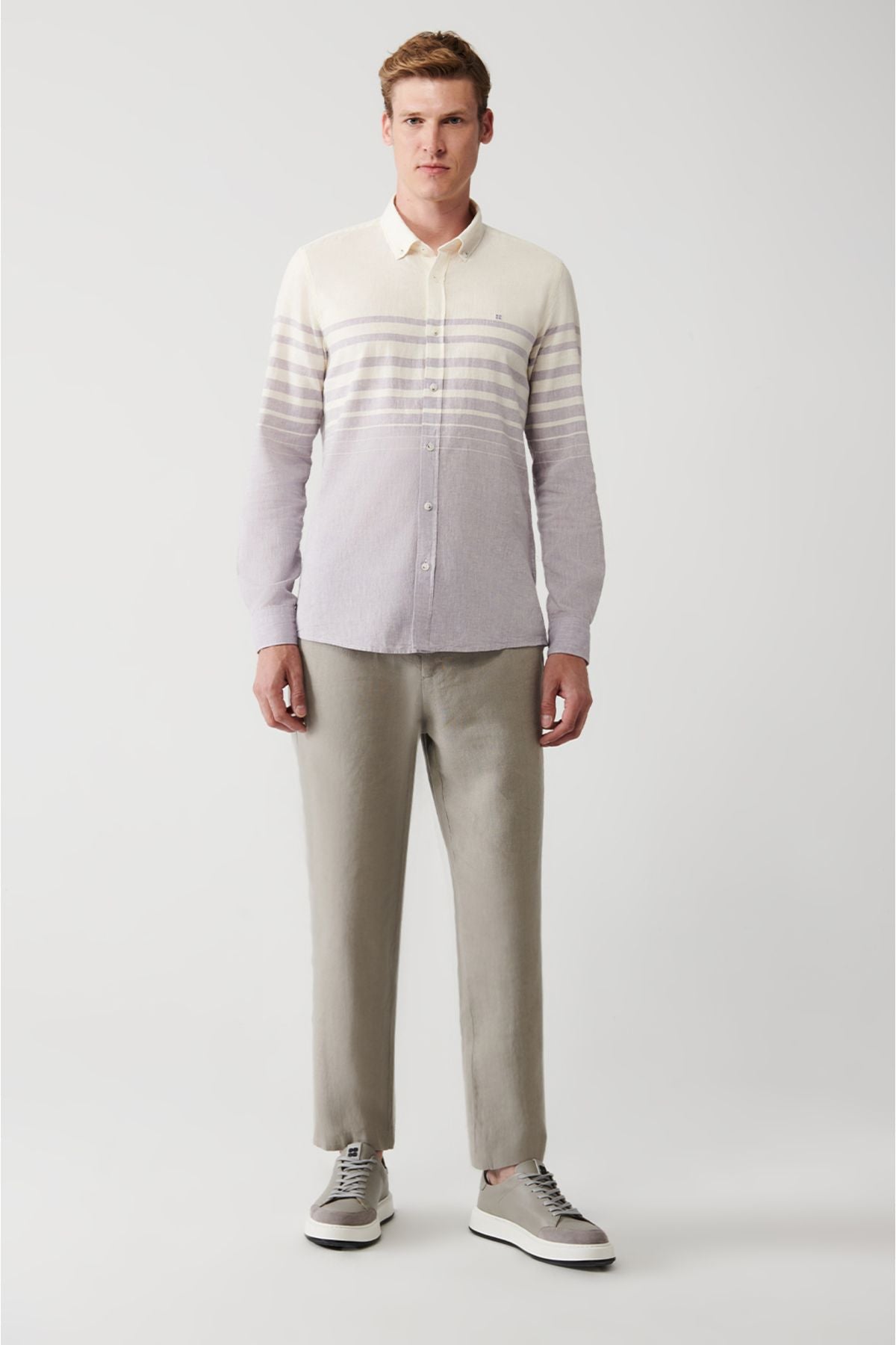 Men's light purple cotton linen mixed striped shirt A31y2268