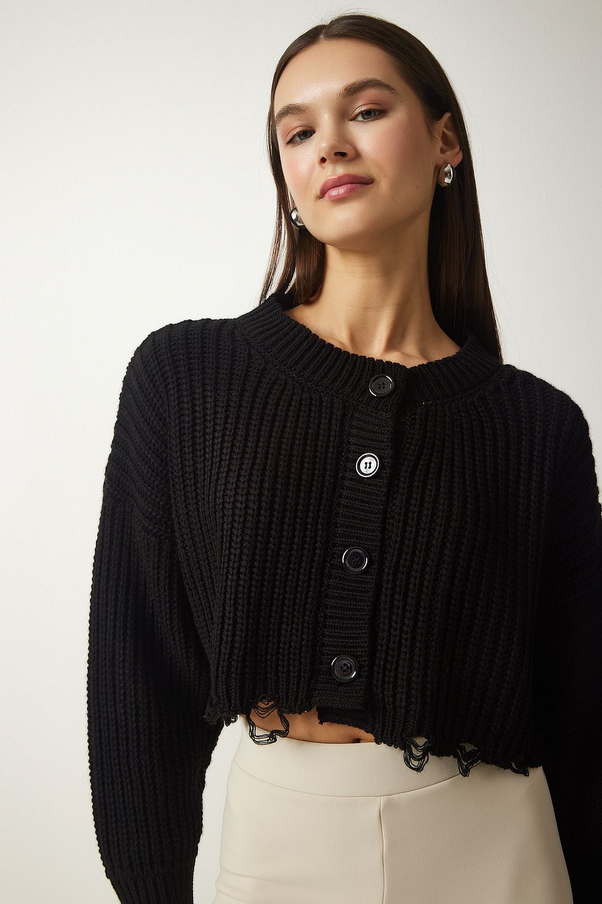 Female Black Roofed Crop Knitwear Cardigo PF00054