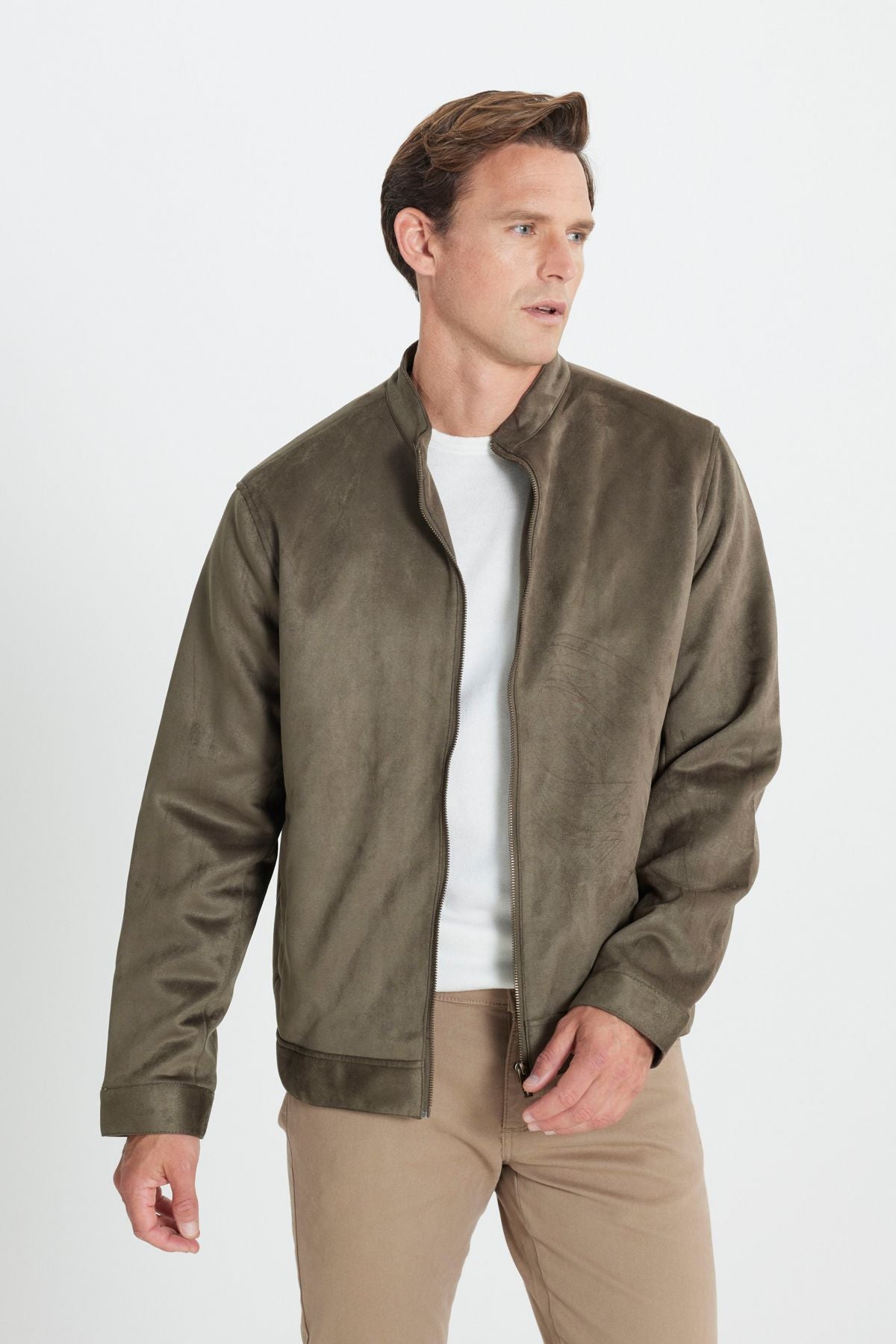 Men's Khaki standard fit normal cut upright collar suede jacket coat