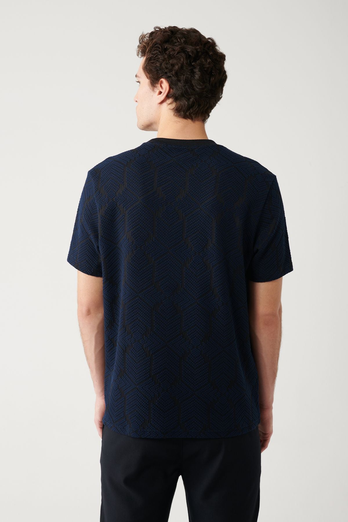 Men's navy blue bike collar jacquard t-shirt A32y1180