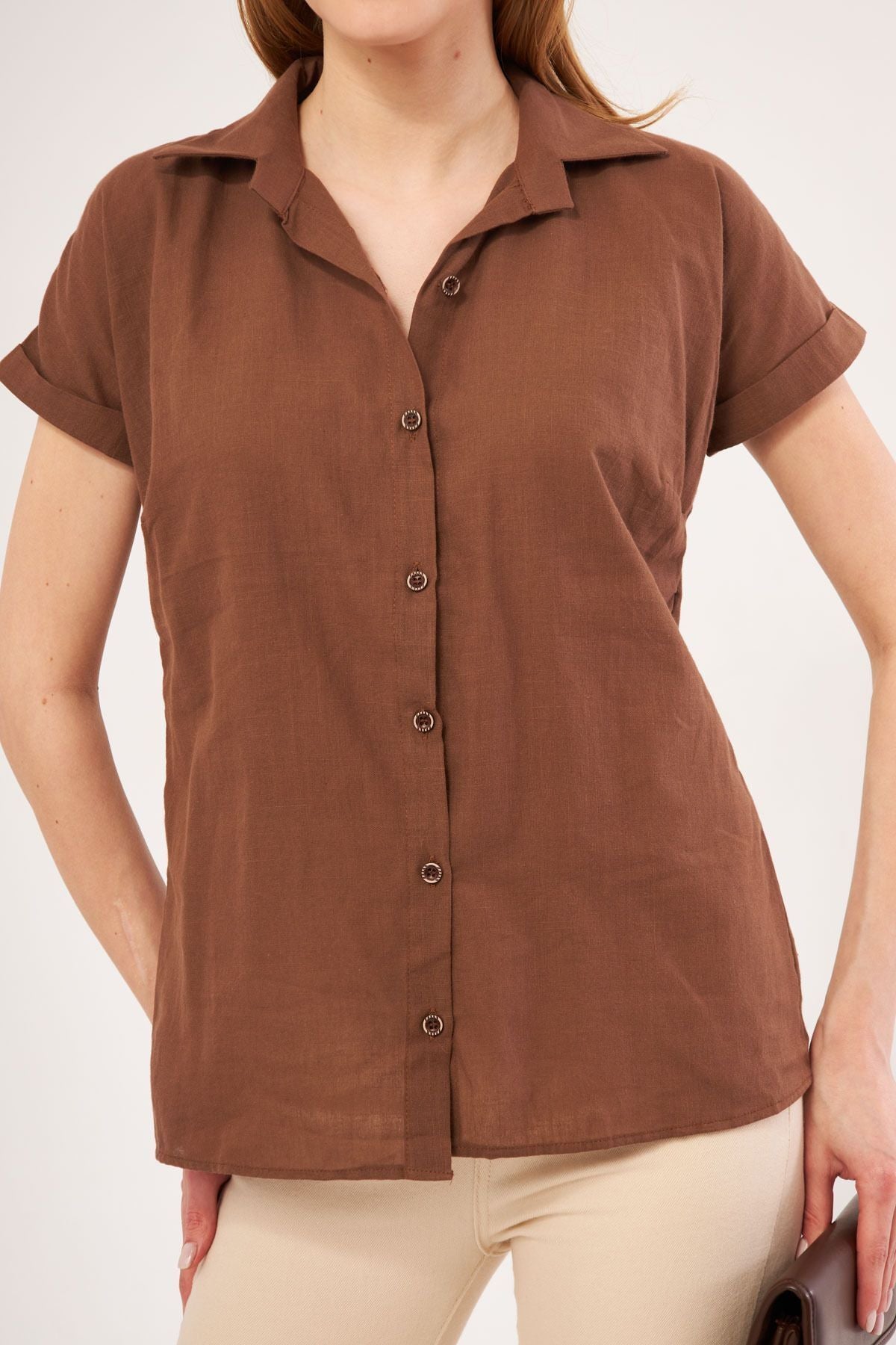 Woman Coffee Short Sleeve Linen Shirt ARM-24Y001038