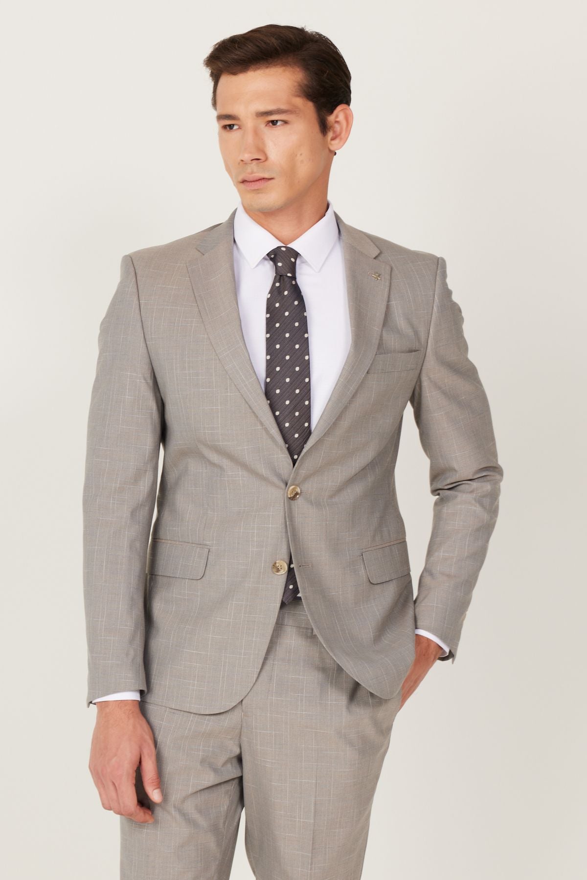 Men's Beige Extra Slim Fit Narn Cut Mono Neck Patterned Suit Suit