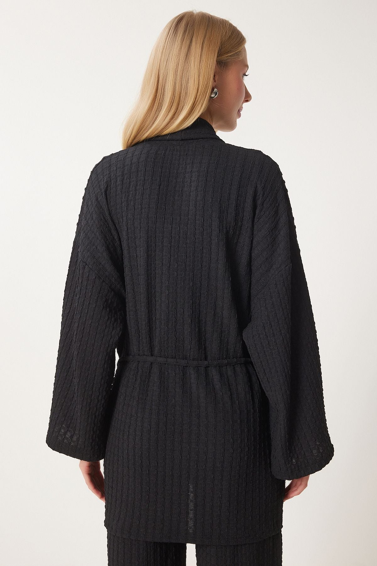 Women's black textured kimono pants knitting set an00217