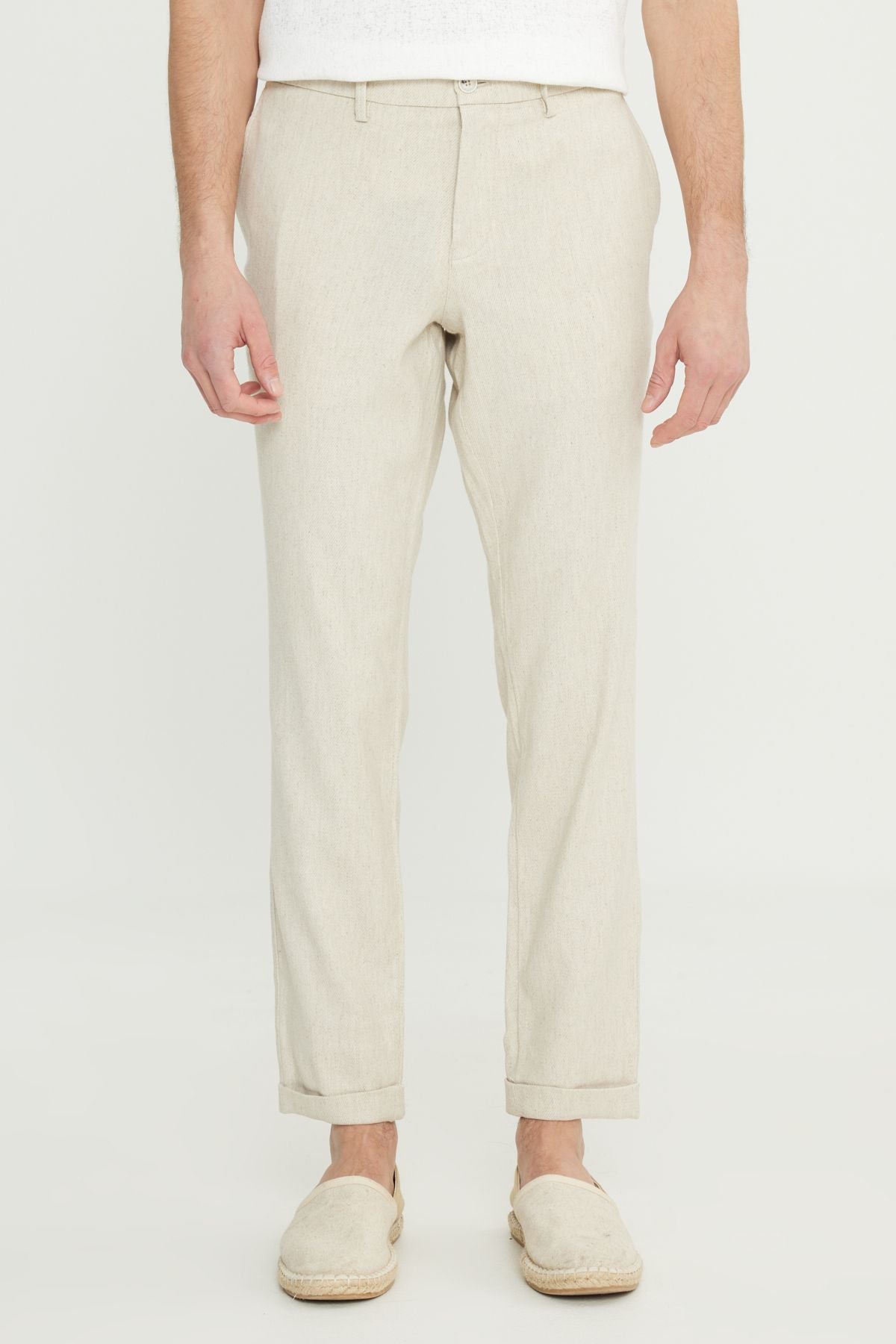 Men's Beige Slim Fit Narrow Cut Diagonal Patterned Casual Pants with Side Pockets