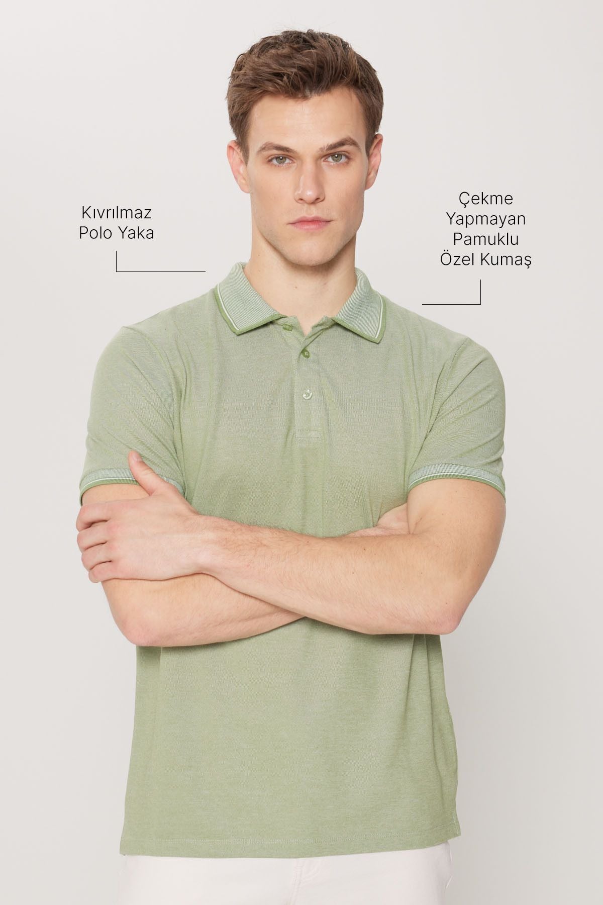Men -Plugging Cotton Fabric Slim Fit Narrow Cut Green Curlled Polo Yaka T -shirt
