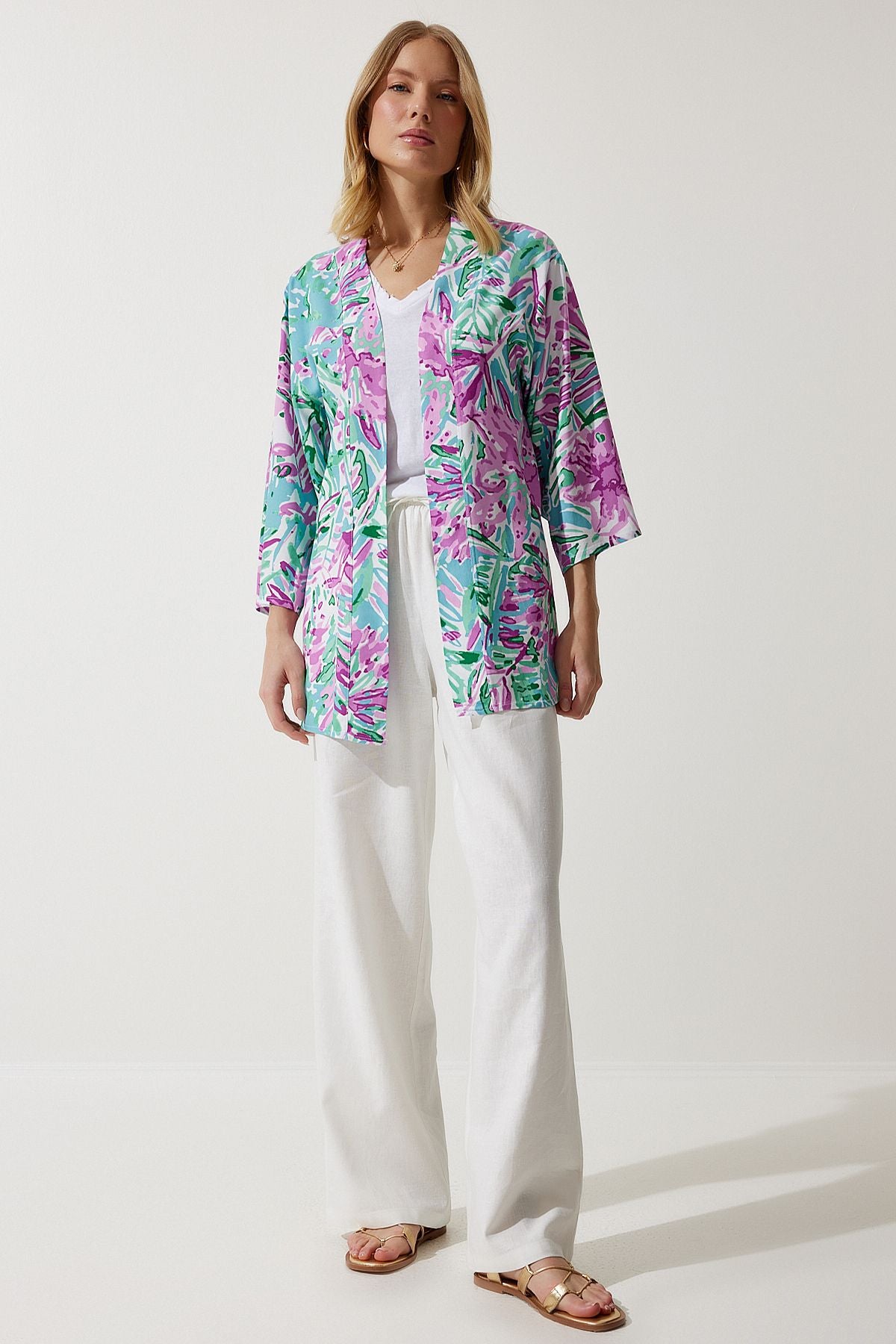 Female Cagla Green Pink Patterned Viscose Kimono EN00615