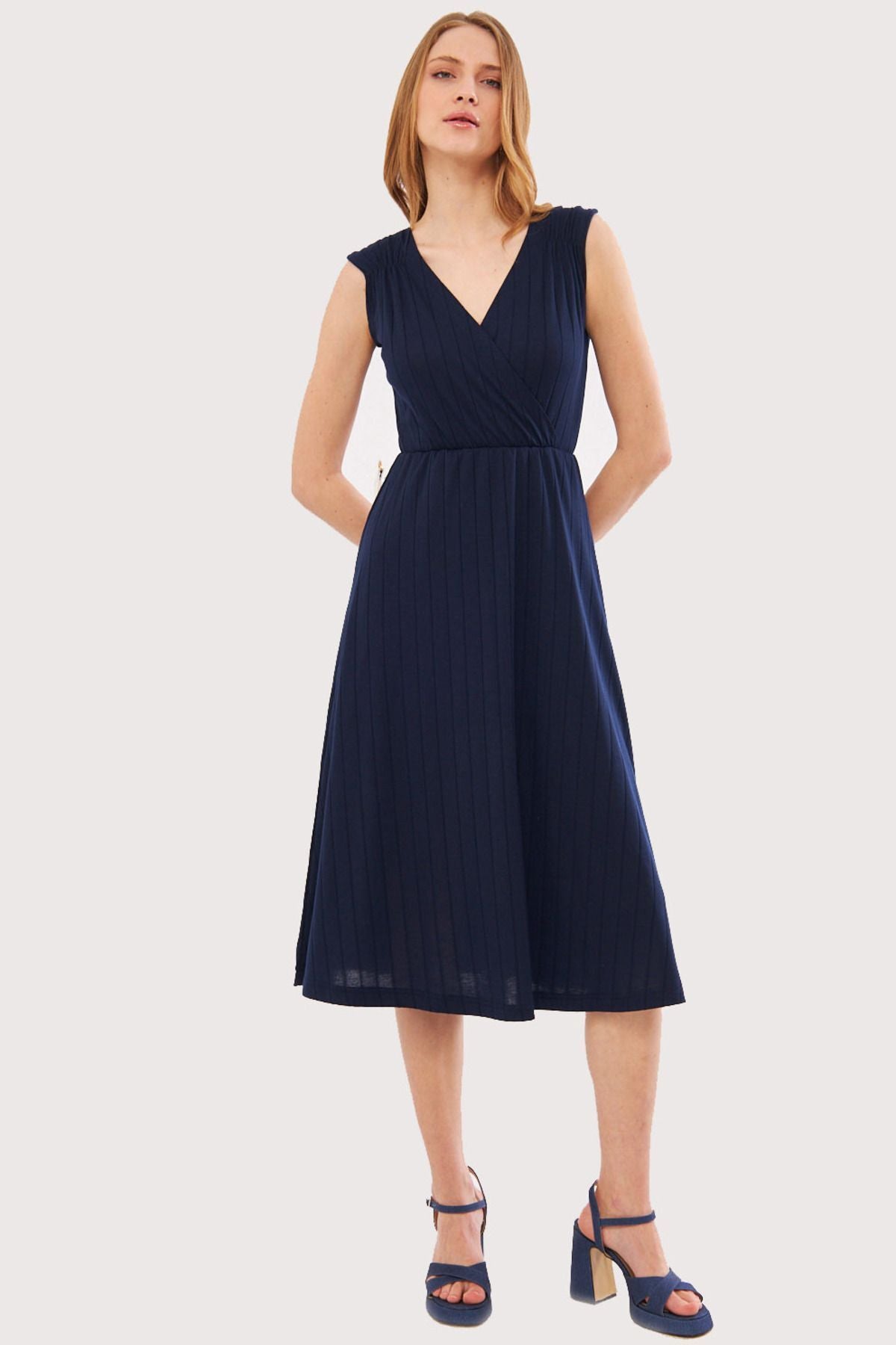 Woman Navy blue waist and shoulder tire skirt cruve collar midi size dress ARM-24Y001017