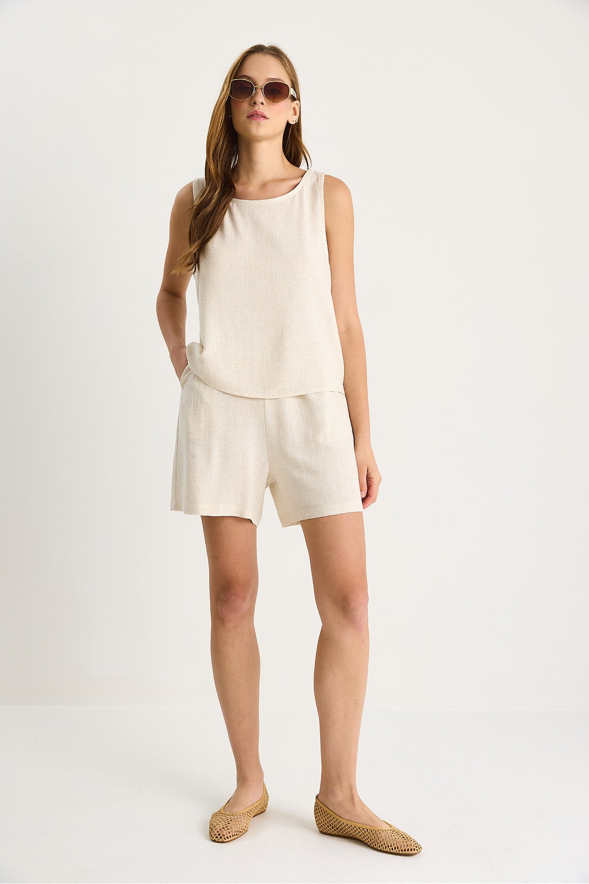 Women's Thin Viscose Linen Blouse Shorts Set 60282024