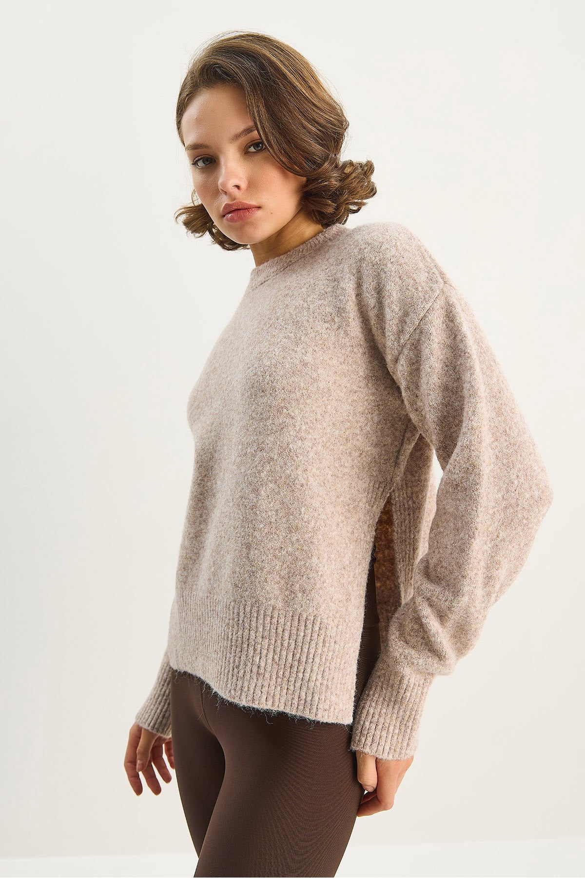 Women's Crew Neck Side Slits Wool Blend Knitwear Sweater 2411 60283681
