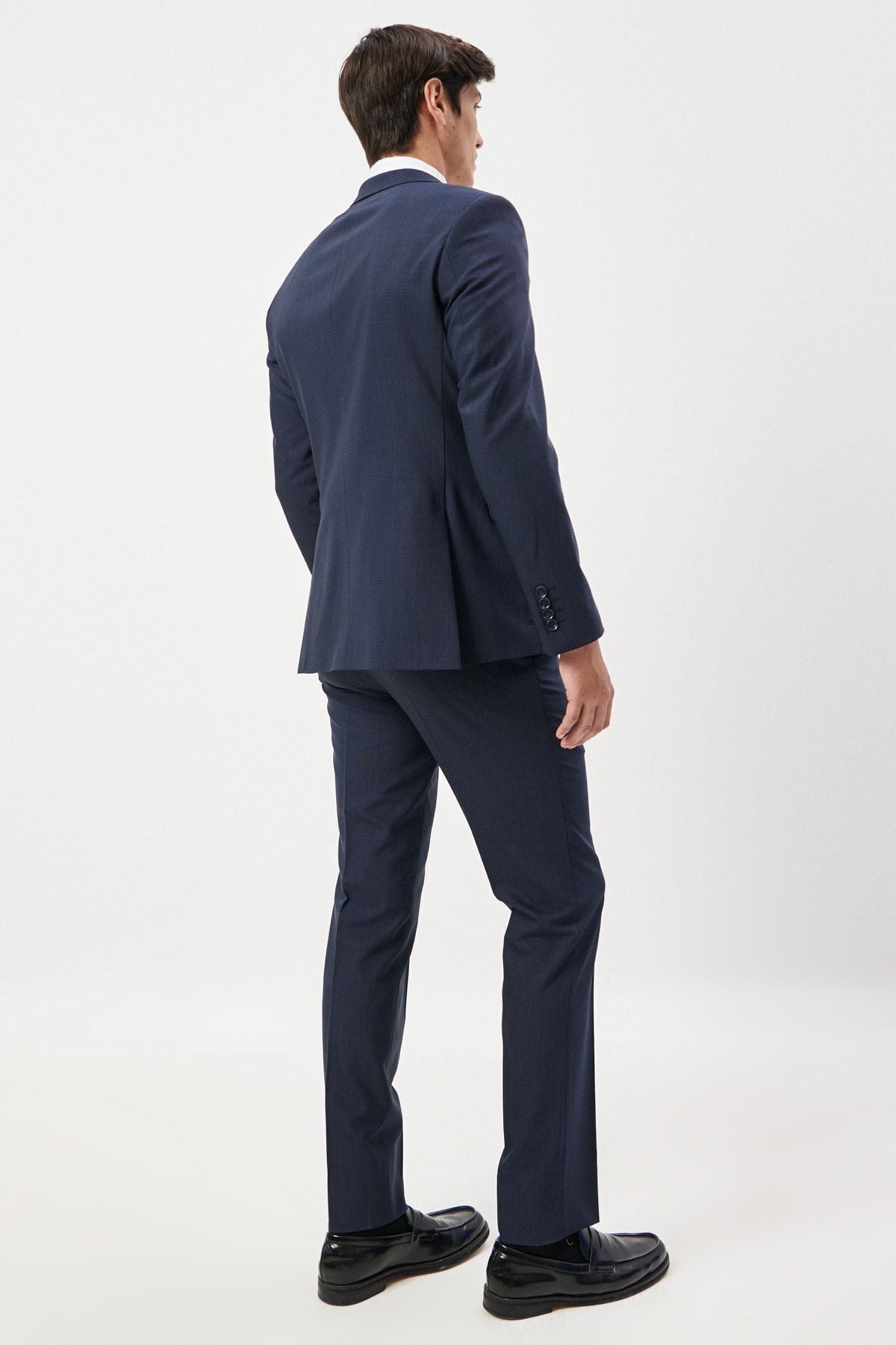 Men's dark navy blue slim fit narrow cut mono collar cheekly woolen suit suits