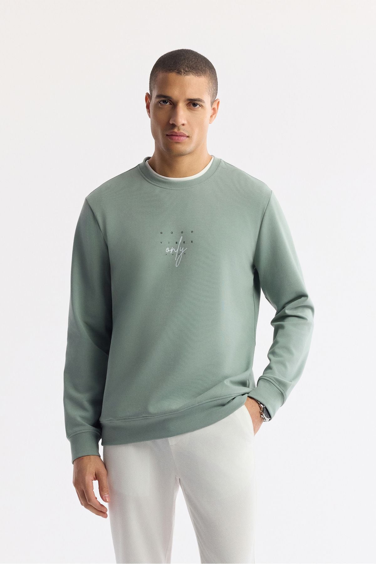 Men's Mint Green Bicycle Collar Printed Interlok Sweatshirt A51y1235