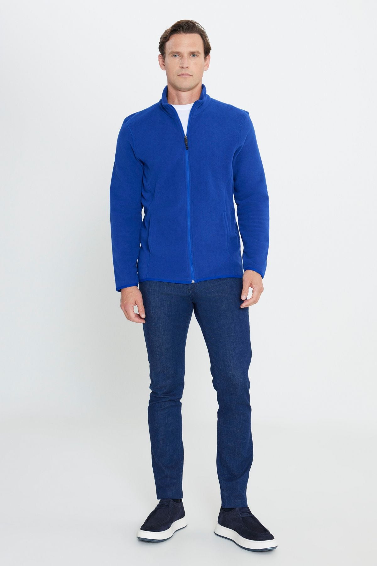 Men's Saks Blue Anti-Pilling Standard Fit Bato Yaka Sweatshirt Polar Jacket