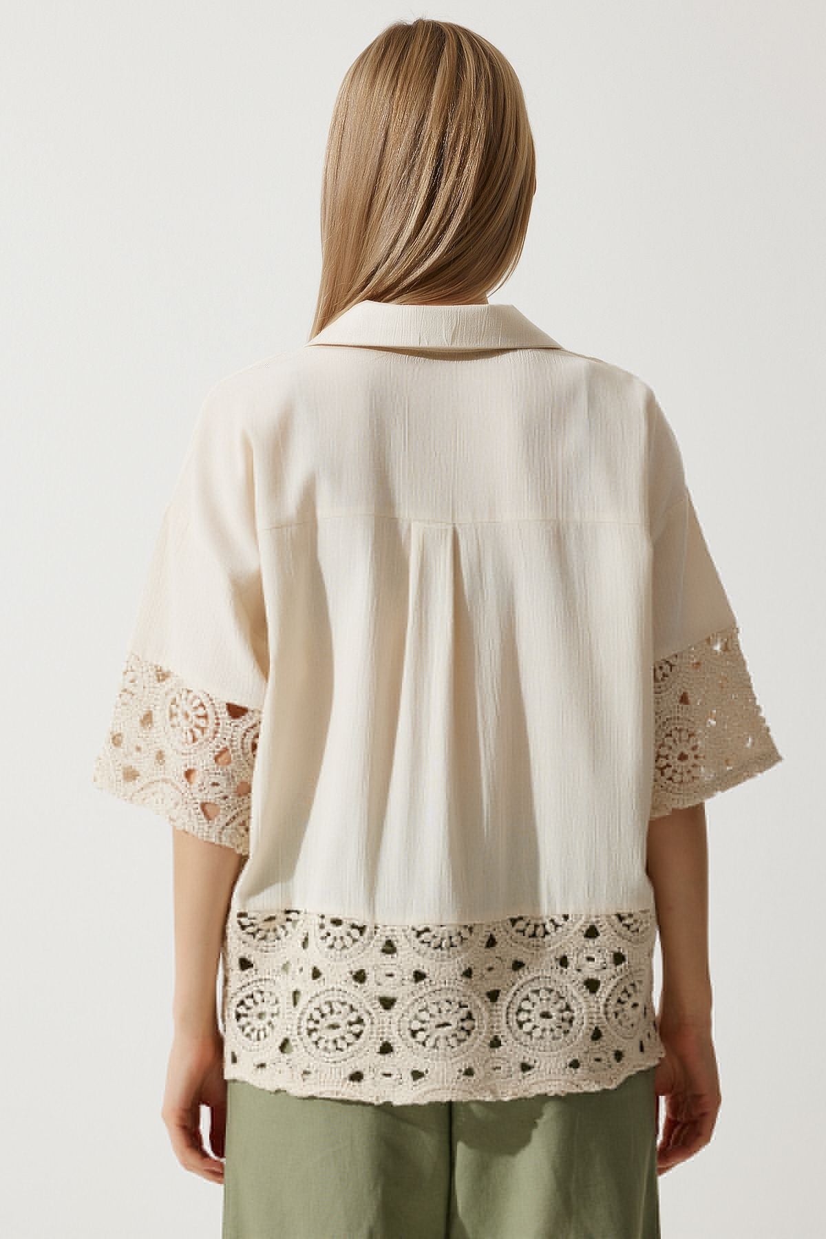 Female beige guipure raw linen shirt RG00033
