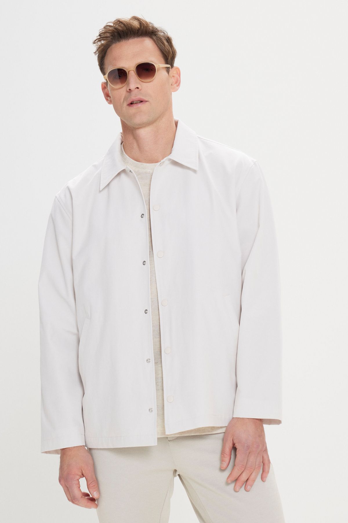 Men's Beige Standard Fit Normal Normal Cut Shirt Caple Cake Casual Coat