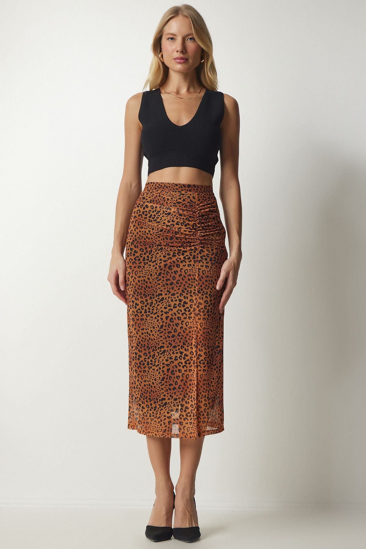 Woman Oranj Patterned Shirred Chiffon Skirt CR00420