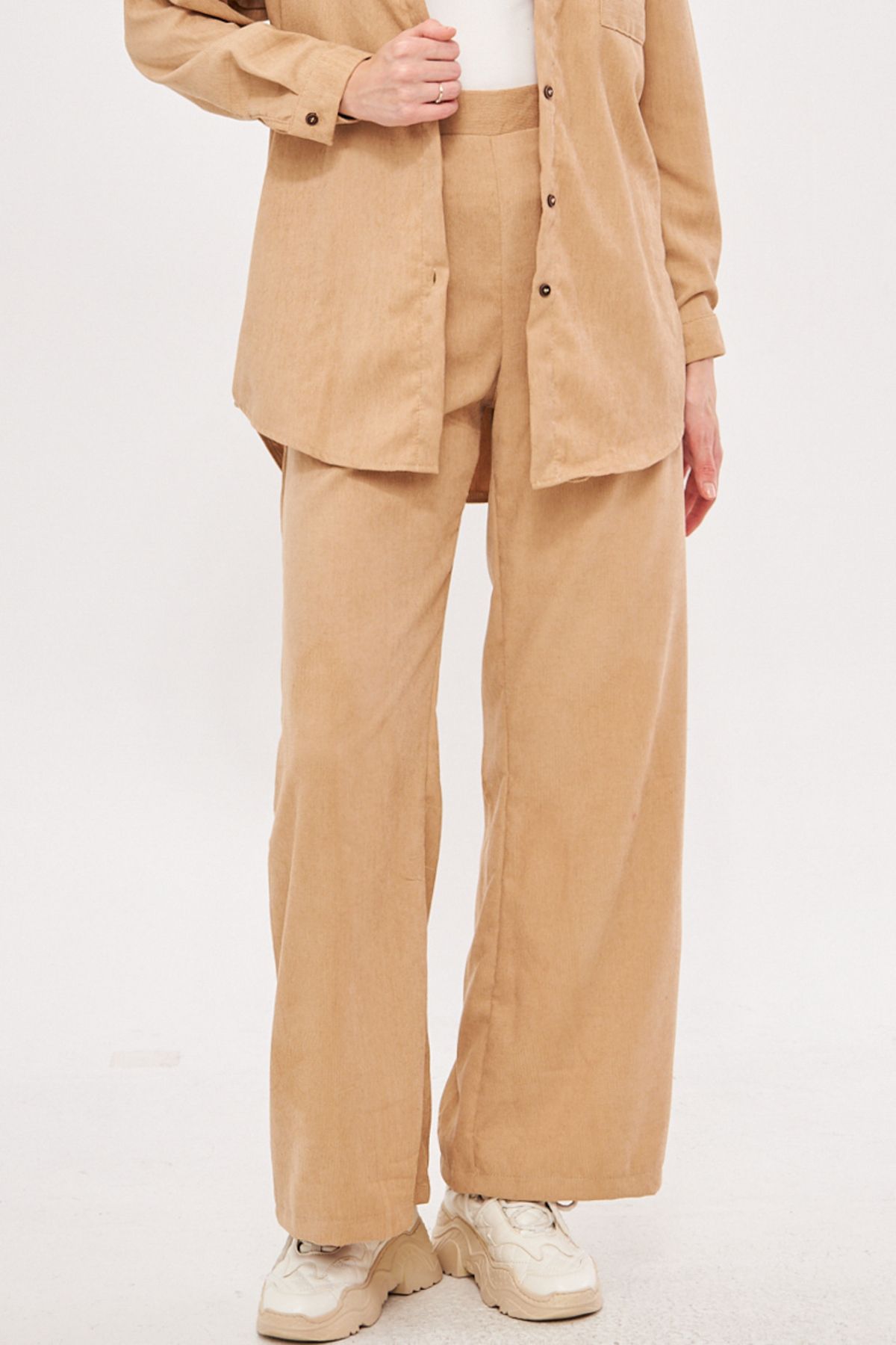 Female Beige Fine Wick Velvet Palazzo Pants Arm-25k001009