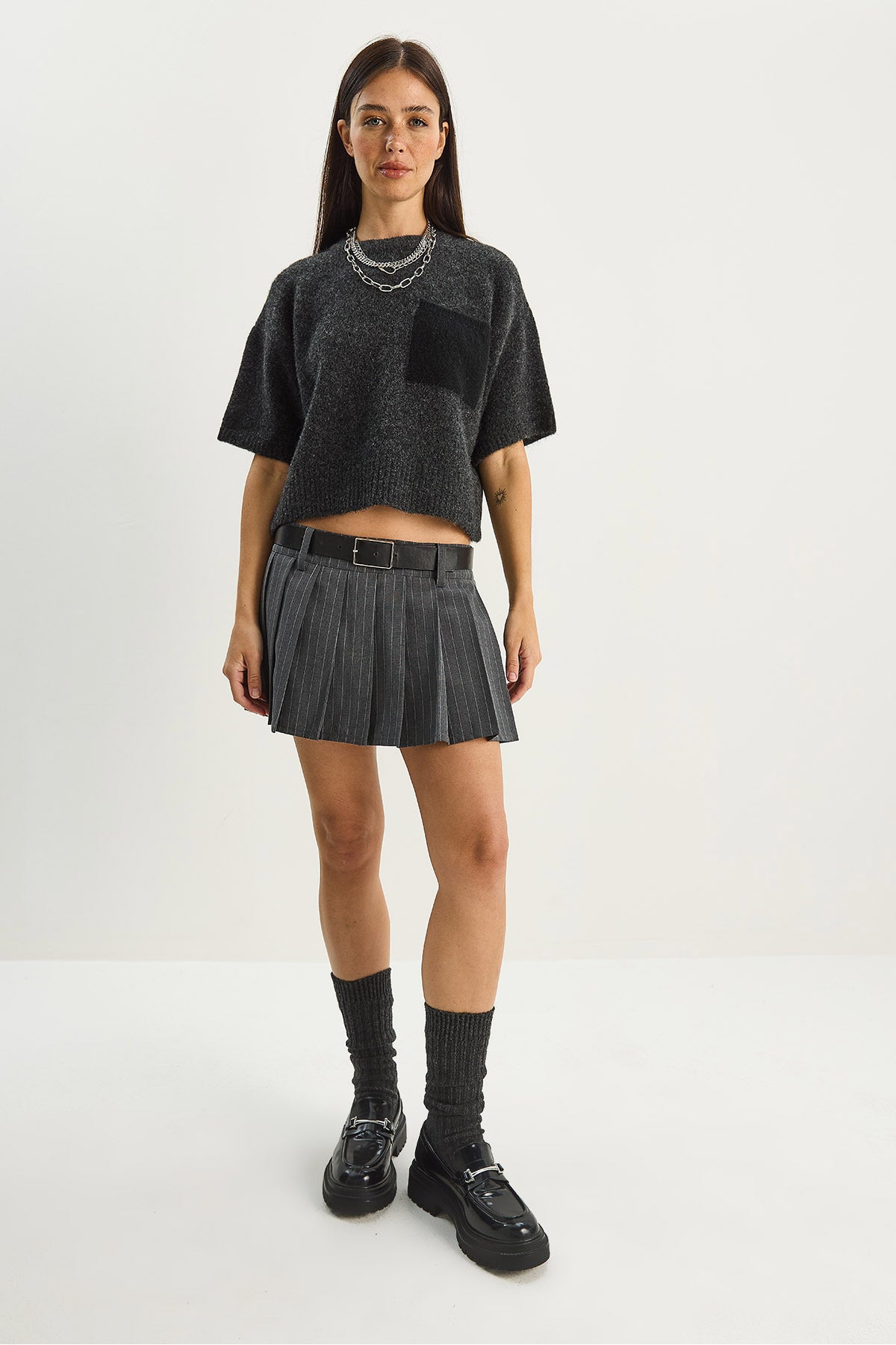 Women's Color Block Pocketed Short Sleeve Knitwear Sweater 2551 60283758