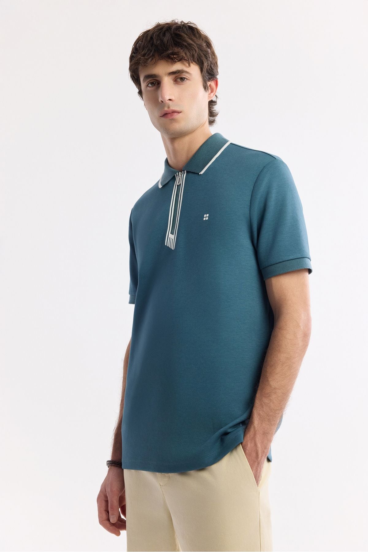 Men's oil blue zipper polo collar flexi printing detailed interlok t-shirt A51y1007