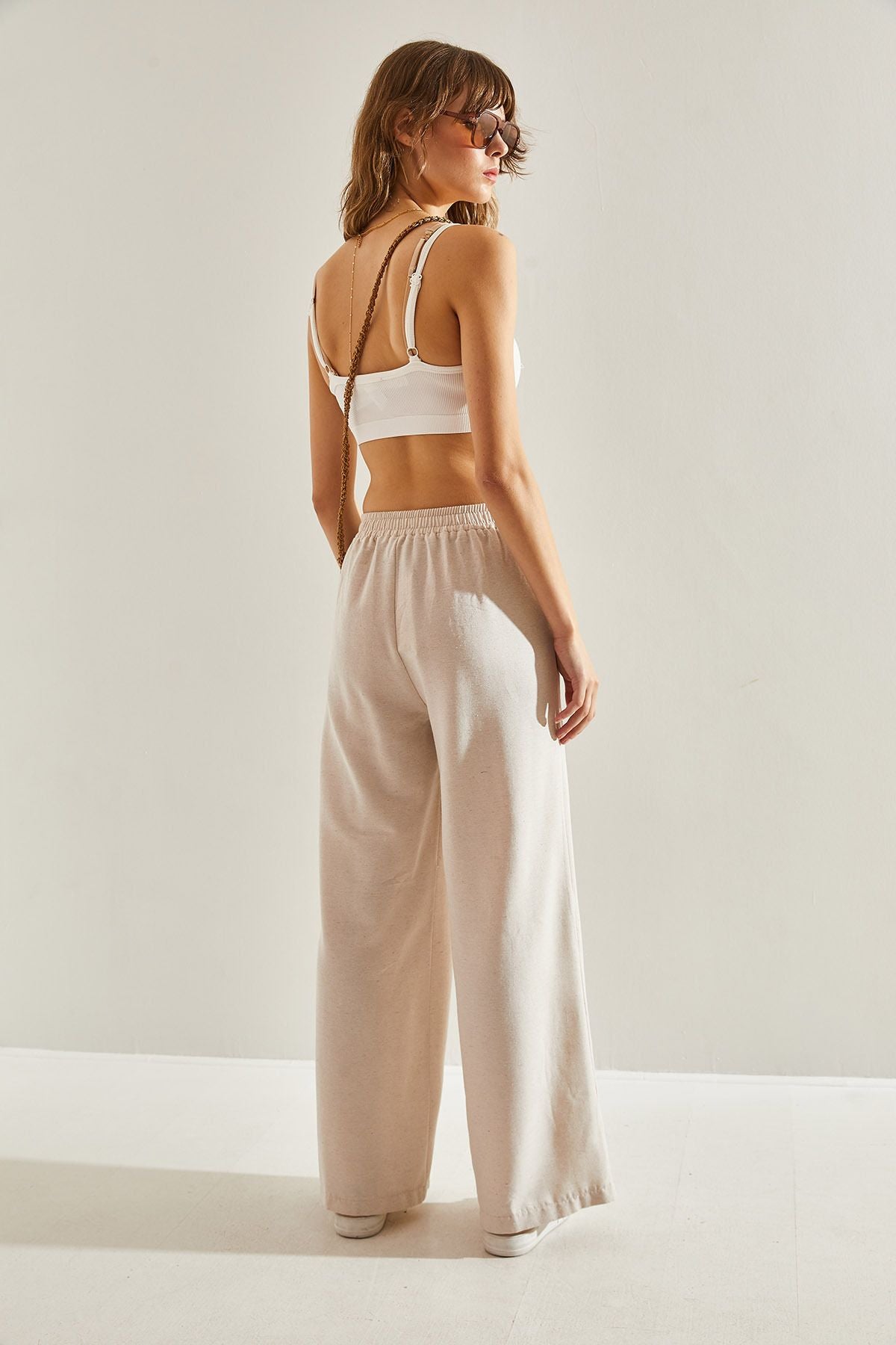 Female Front Egger Double Button Detailed Pocket Natural Palazzo Pants 60251124