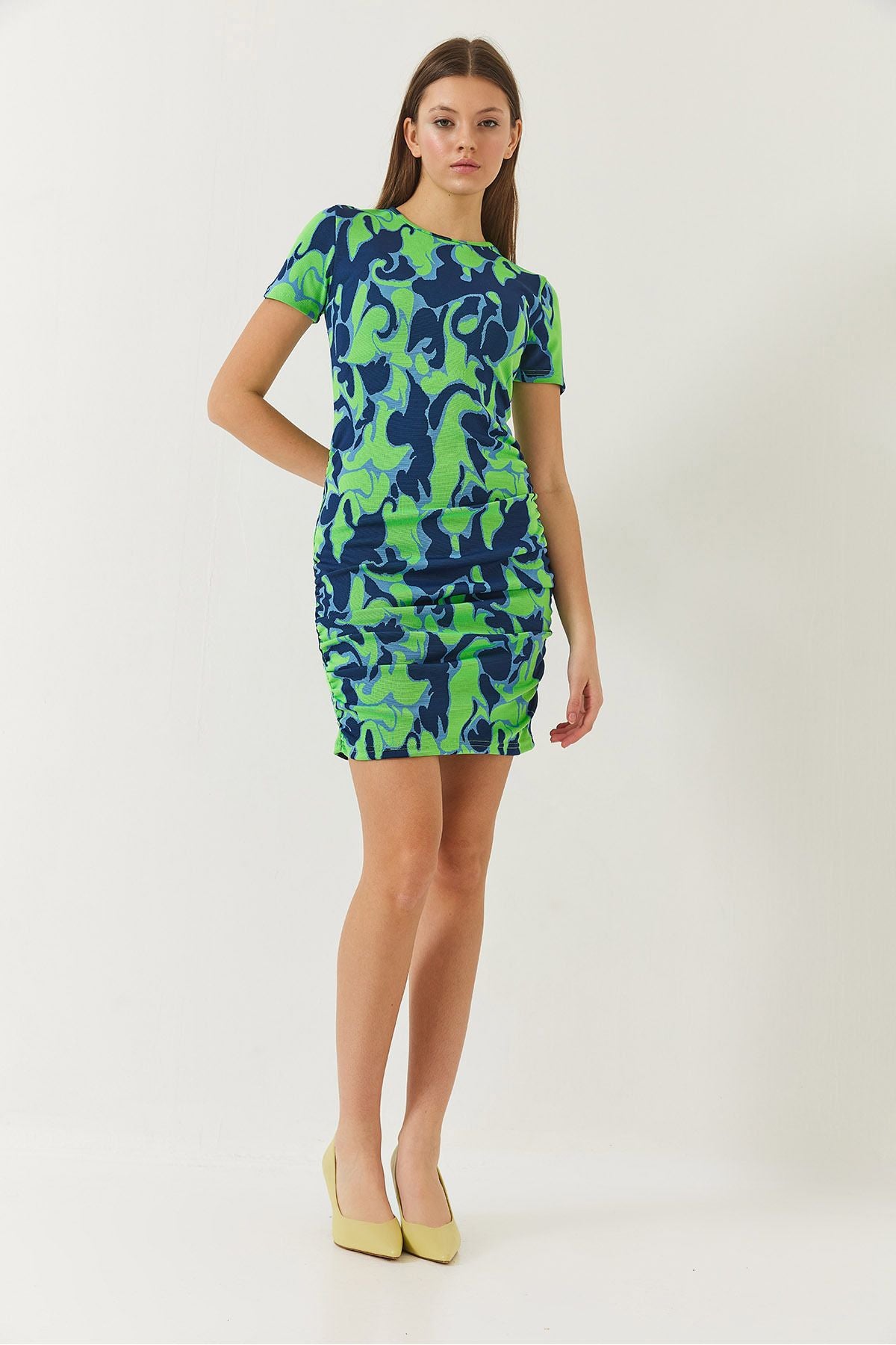 Women's Sides Shirring Detailed Short Sleeve Patterned Dress 60261385