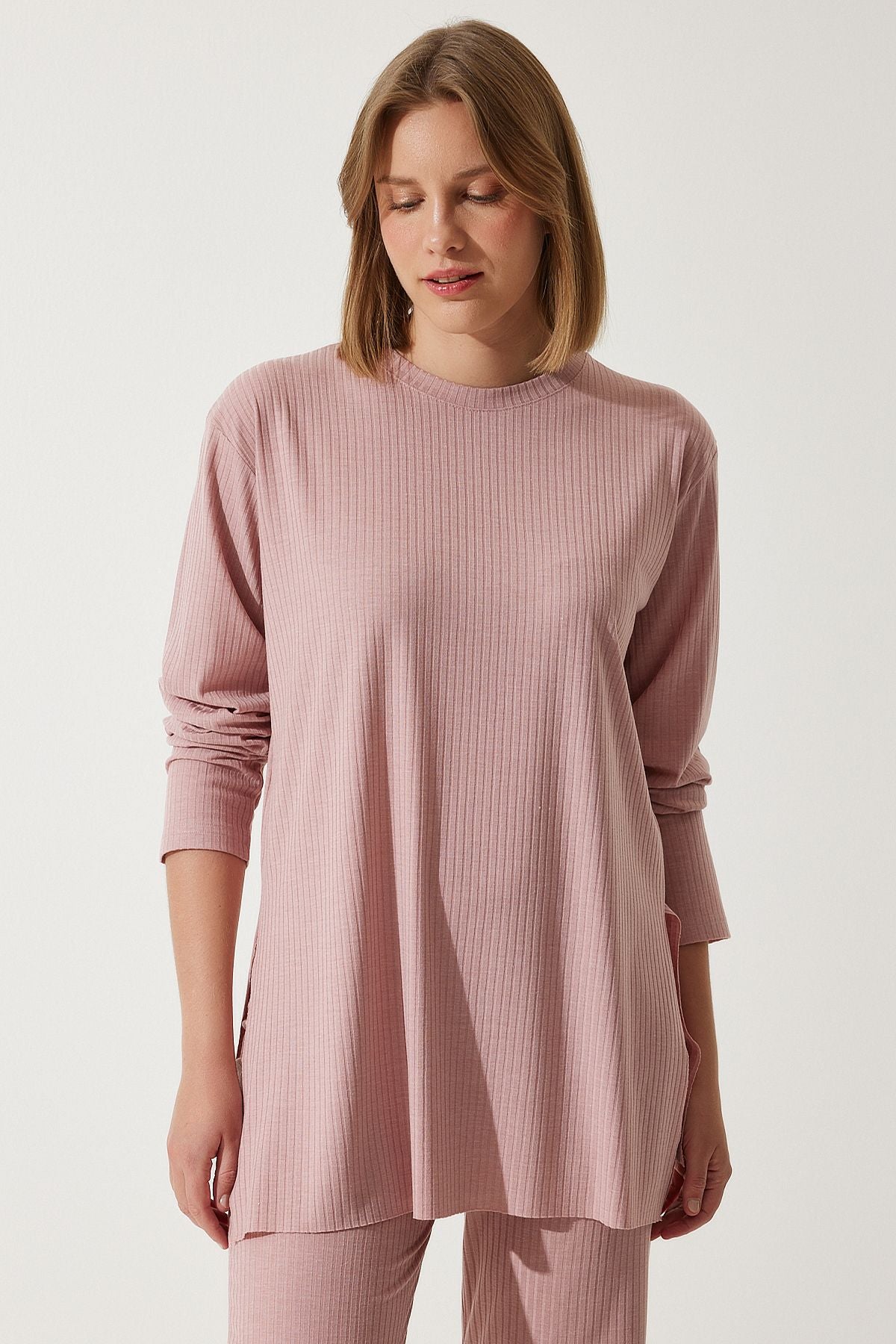 Female powdered wick knitted blouse trousers set KH00088