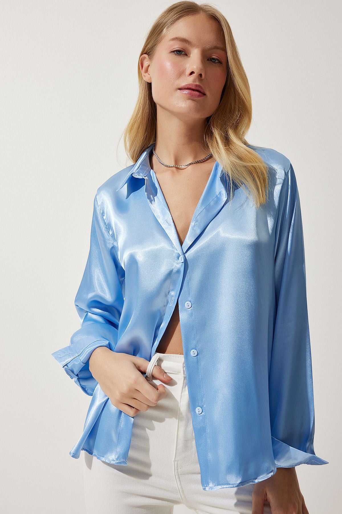 WOMEN SKY BLUE BLUE LIGHTED SATIN SOLUTION SHIRT DD00990