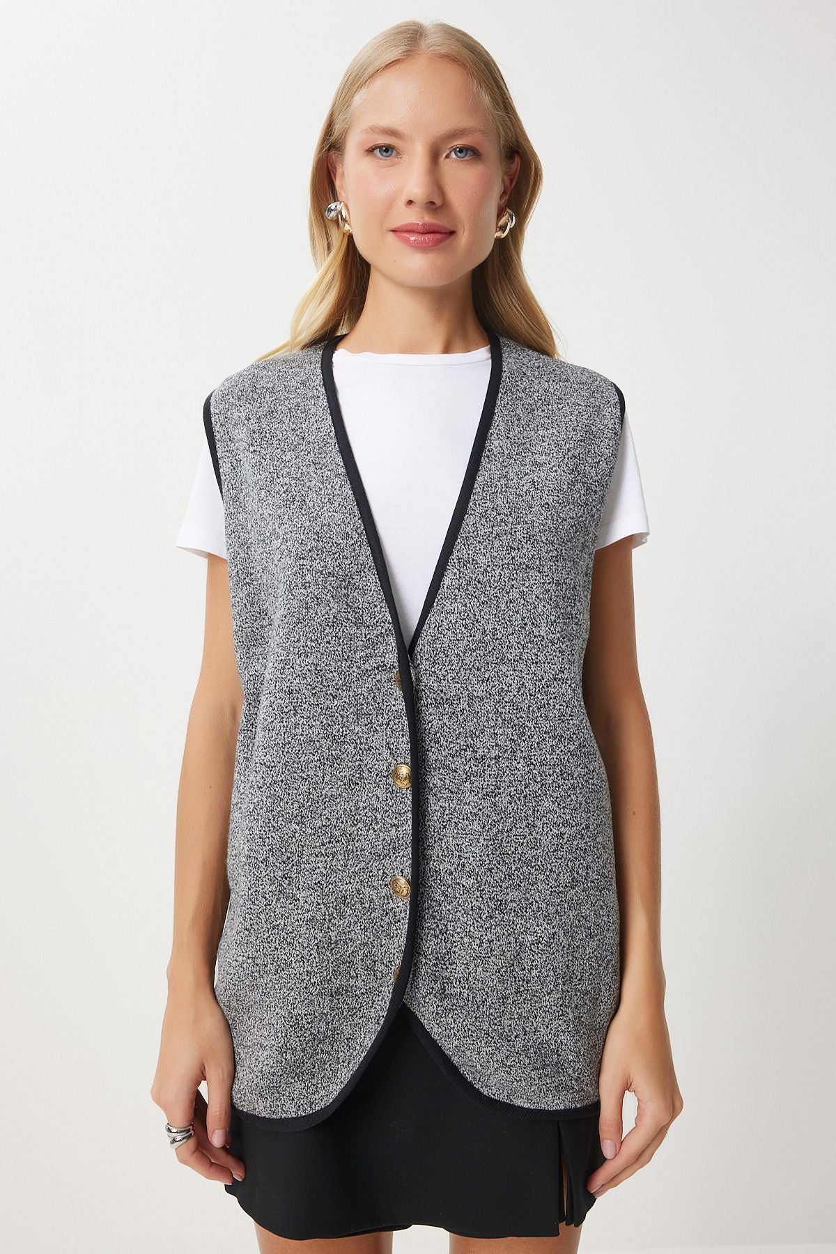 Woman Dark Gray button knitwear vest US00928