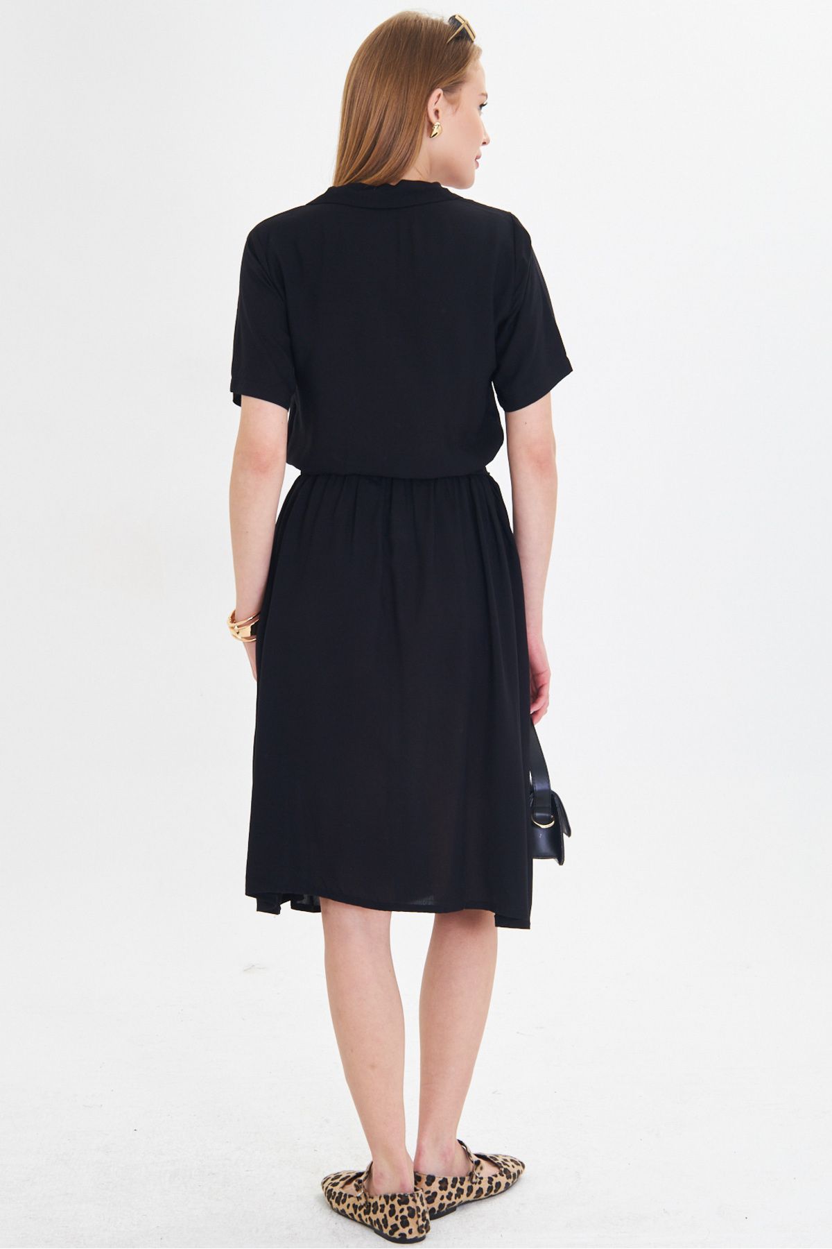 Female black front buttoned waist shirred belt midi size dress ARM-24Y001068