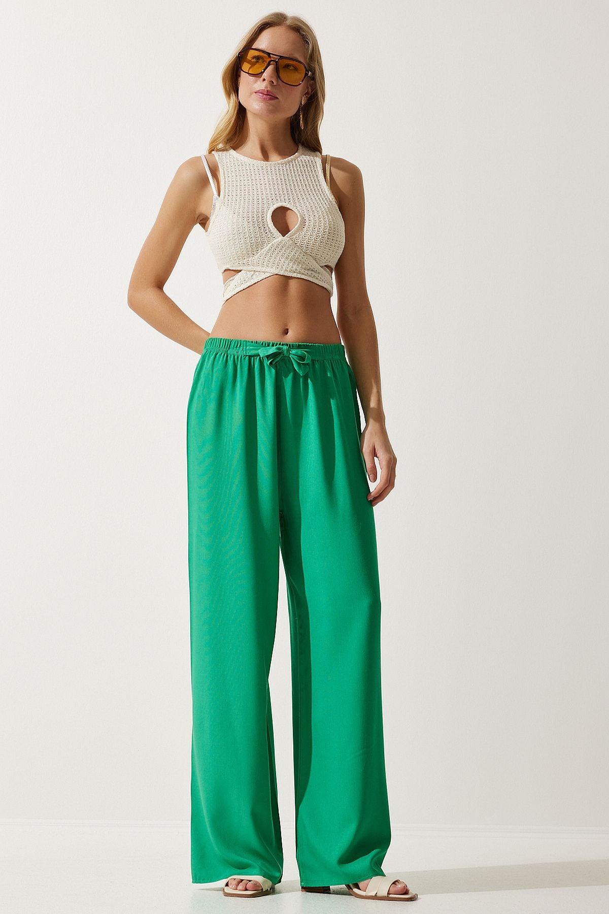 Woman Light Green Summer Viscose Palazzo Pants EN00610
