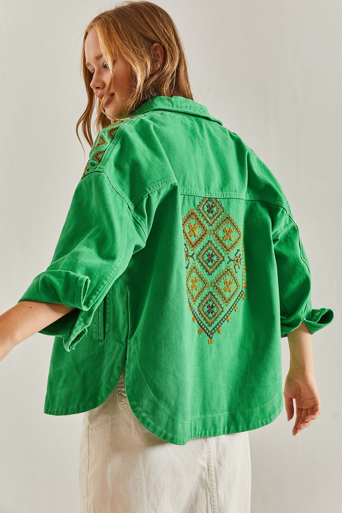 Woman Ethnic Embroidery Patterned Gabardin Jacket