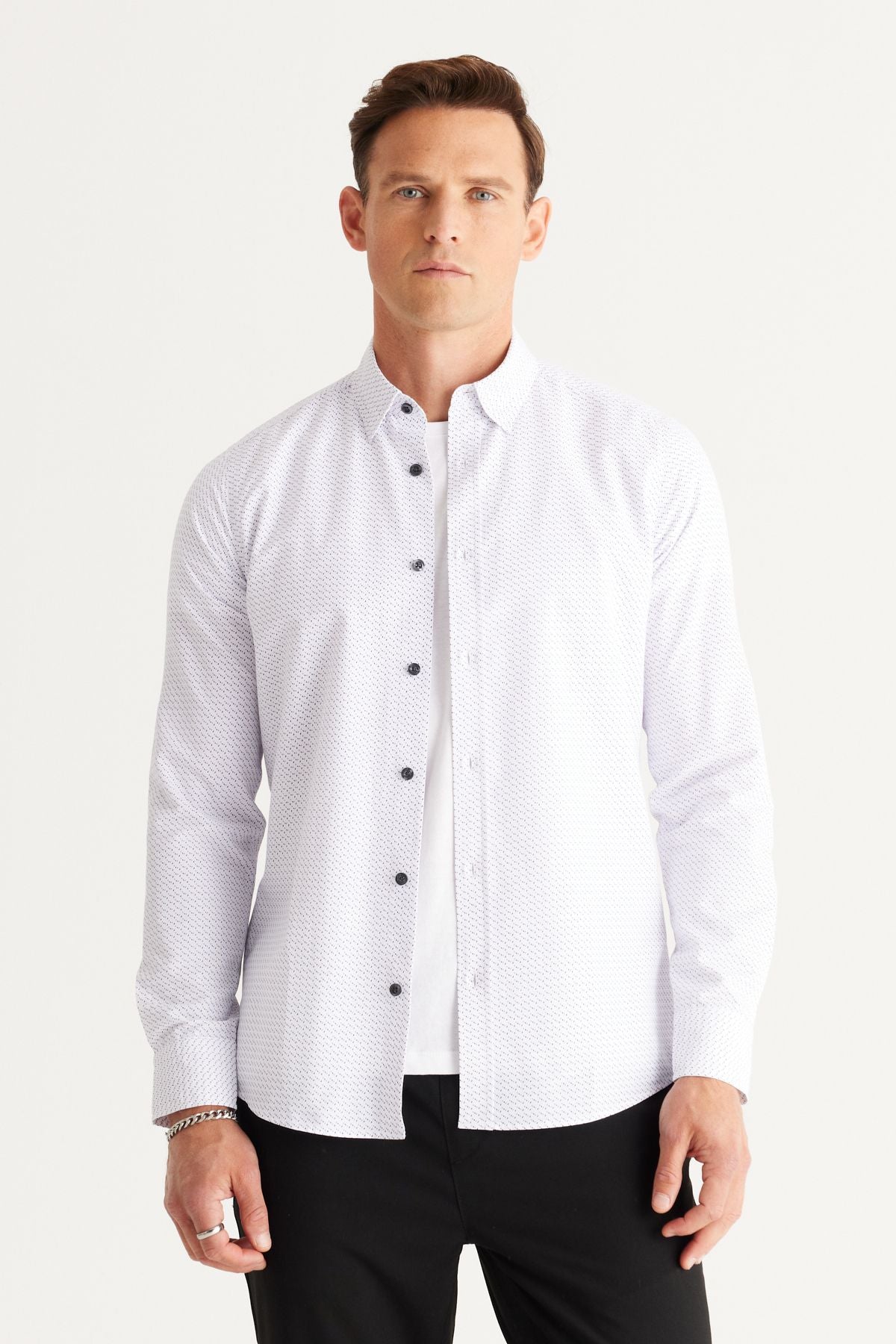 Men's White-Black Slim Fit Narrow Cut Hidden button collar cotton printed shirt