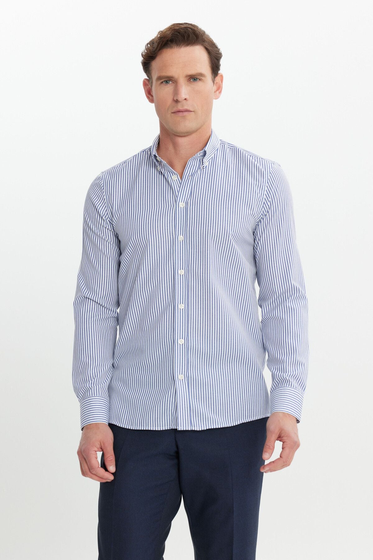 Men's white-blue cotton slim fit narrow cut button shirt shirt with shirt striped shirt