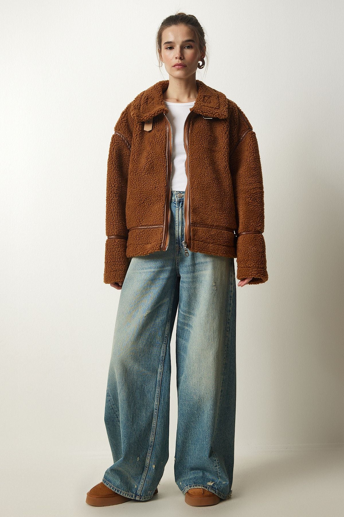 Female Brown Artificial Fur Biker Jacket FN03153