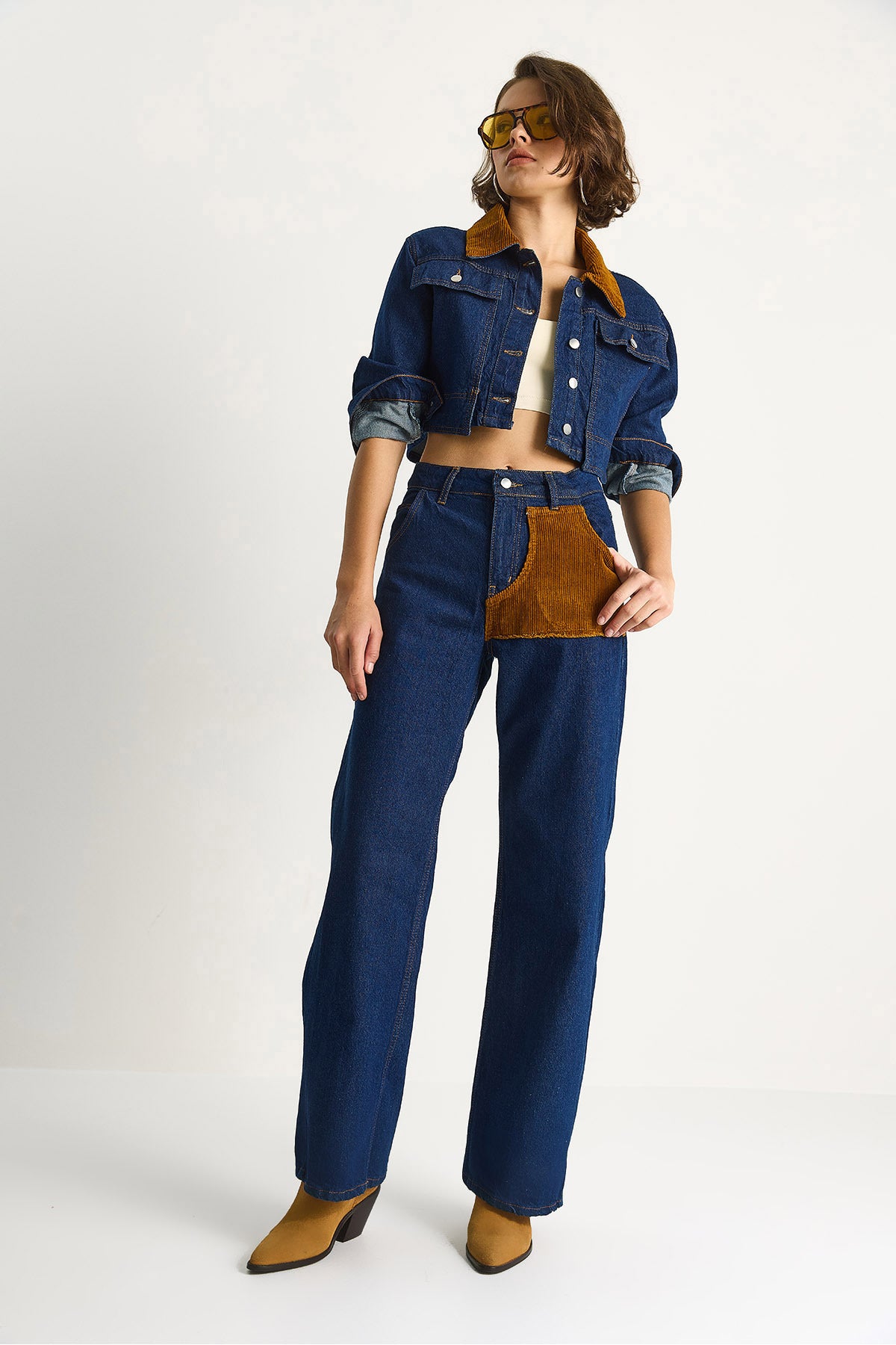 Women's Velvet Collar Jacket Color Block Wide Leg Trousers Denim Suit 6087 60283532