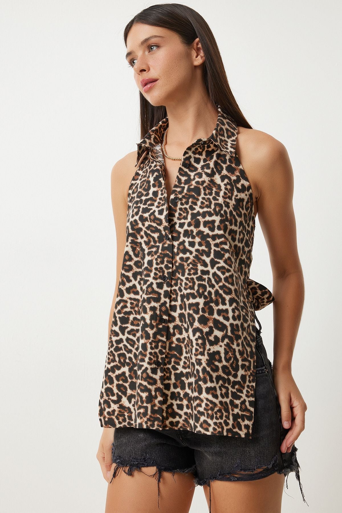 Female Black Beige Leopard Patterned Back Connected Poplin Shirt UL00028