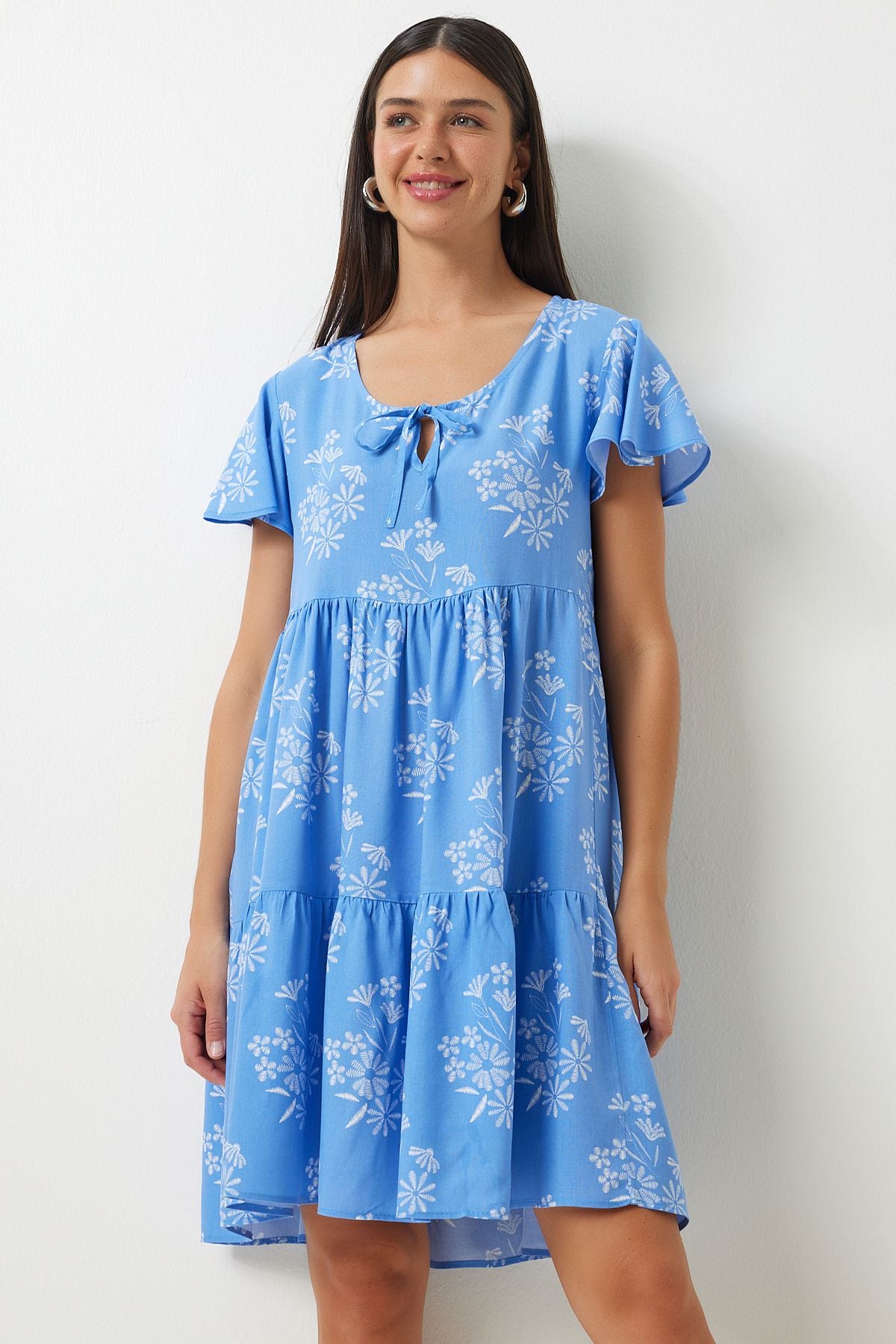 Woman Blue White Flower Summer Viscose Dress DD01330