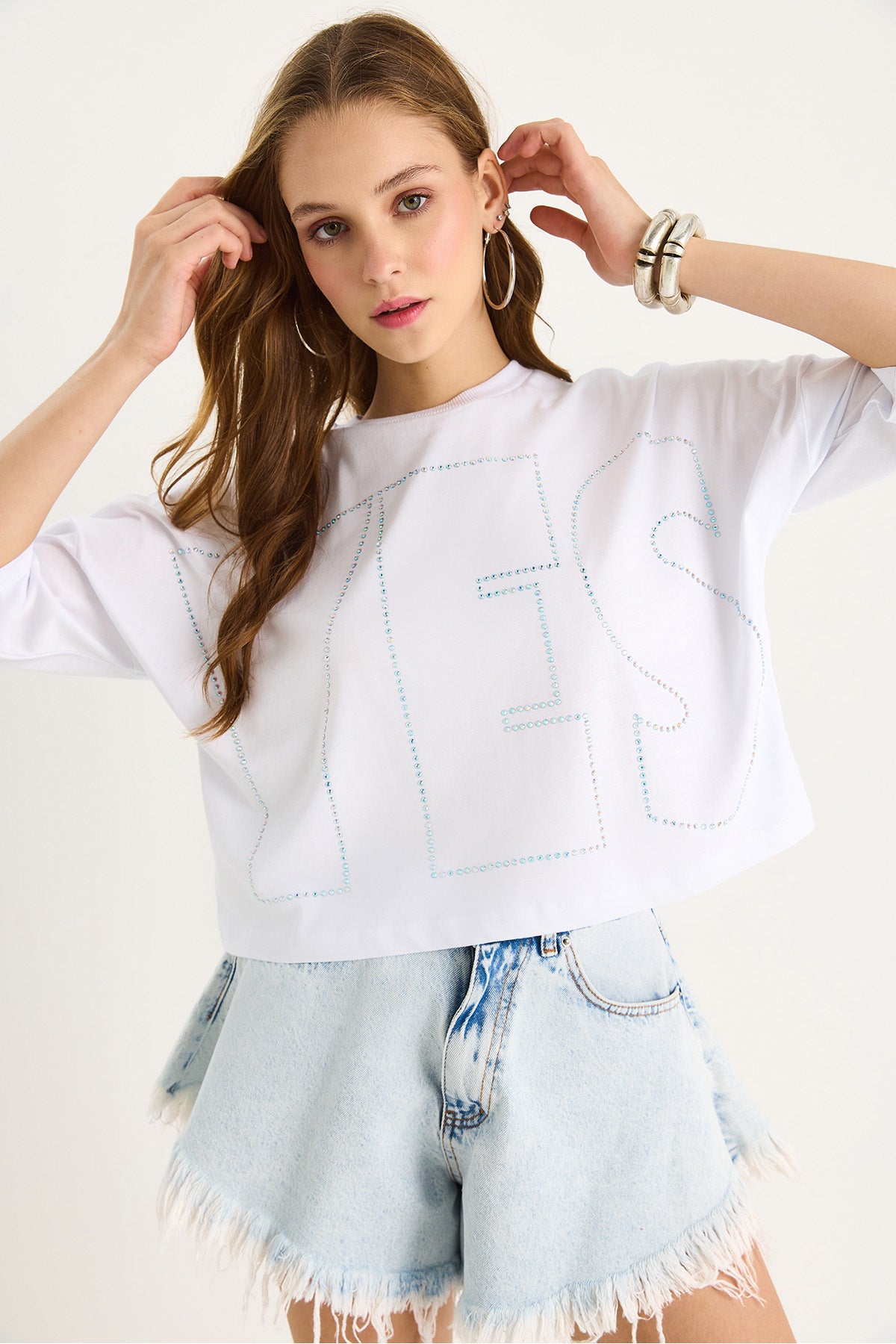 Women's Crew Neck Stone Printed Basic Casual T-Shirt 60602061