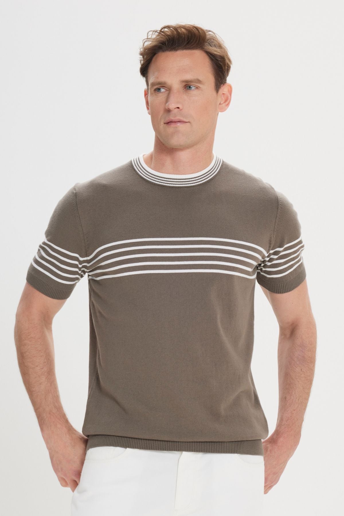 Men's Khaki-White Standard Fit Normal Cutting 100 %Cotton Striped Bicycle Yaka Triko T-shirt