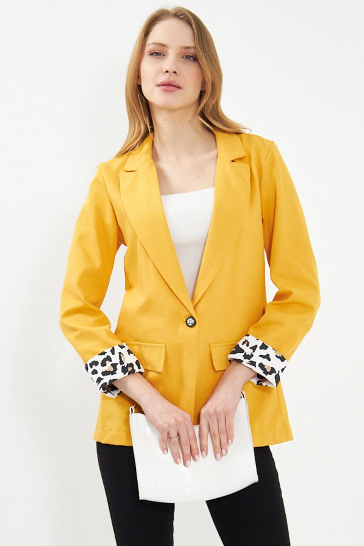 Female mustard dekaeksi jacket jacket with mobile lid arm leopard Arm-24y001039