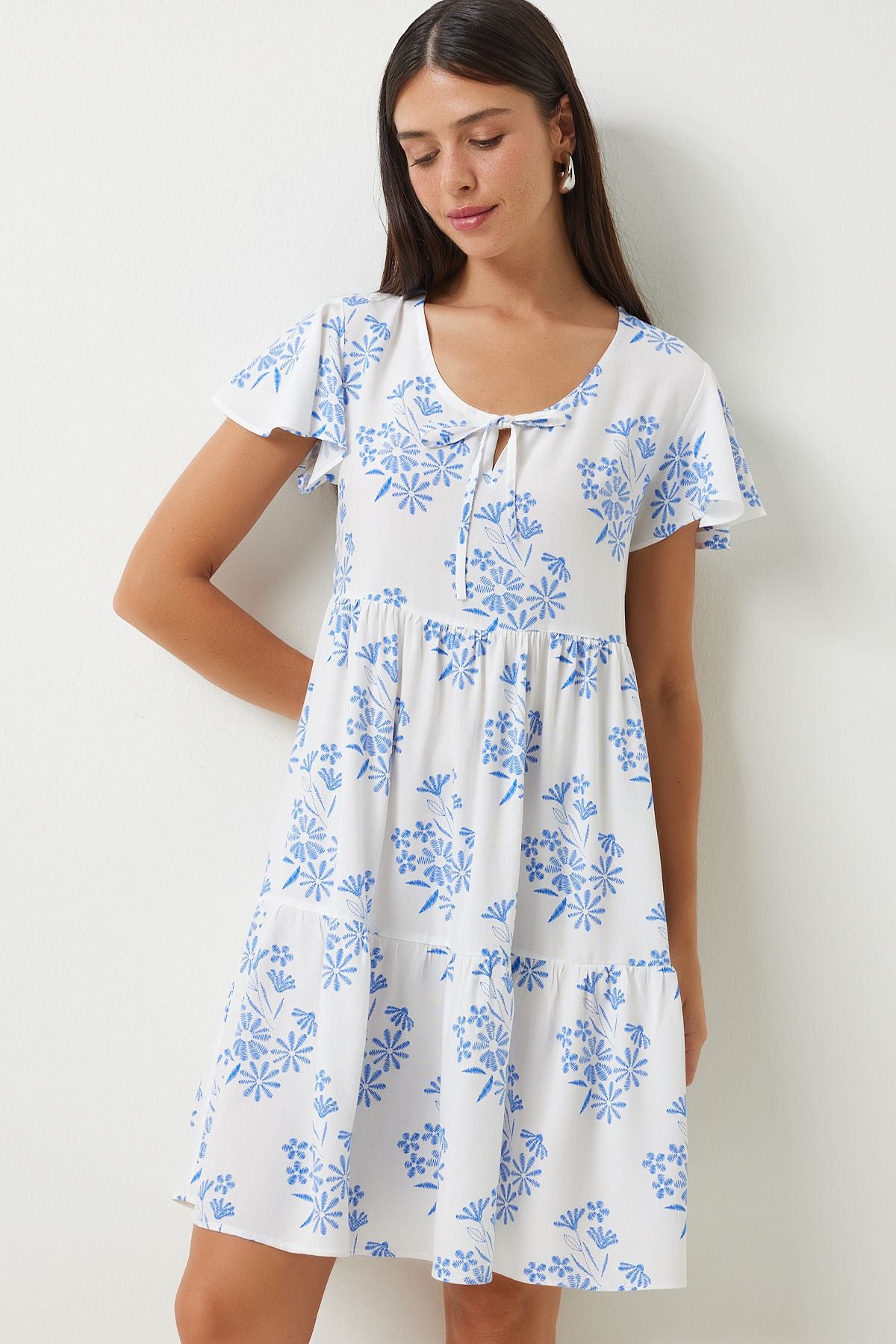Woman White Blue Flower Summer Viscose Dress DD01330